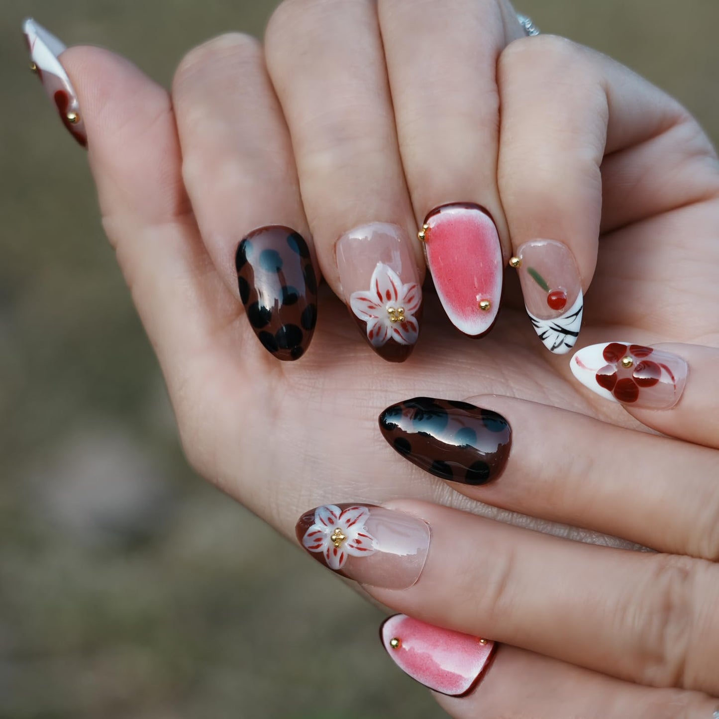 Tesytto Handmade Short Almond Press on Nails - Leopard Print & Cherry Floral Design, Coffee Dot Glossy French Tip Reusable False Nails (Leopard Cherry Fun, L)