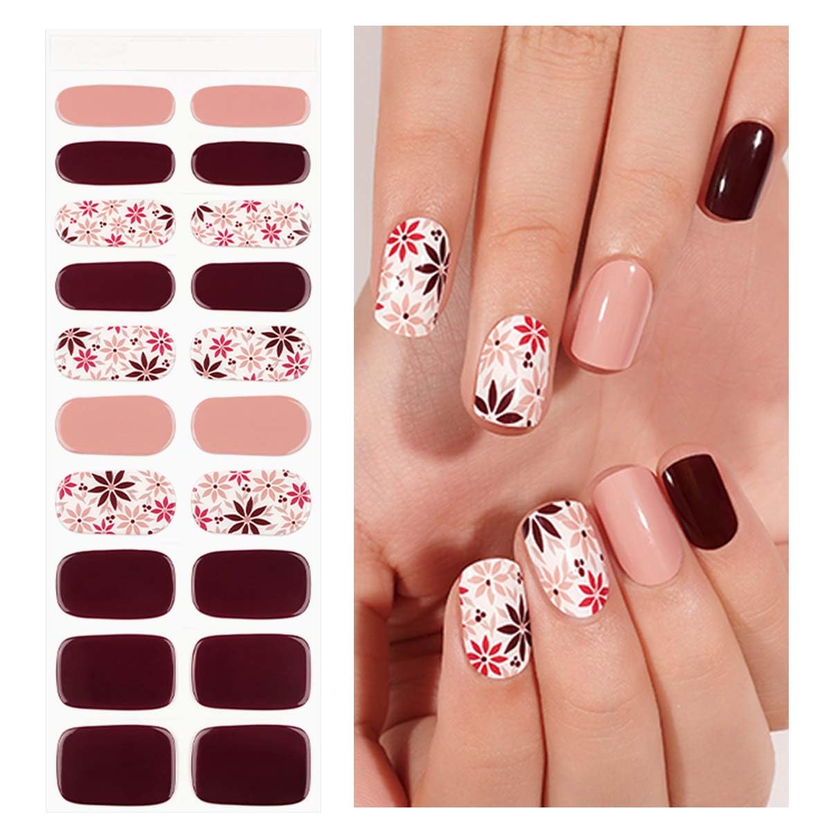Brown Semi Cured Gel Nail Strips,Gel Nail Stickers with UV/Led Lamp Required,Salon-Quality, Long Lasting, Easy to Apply & Remove,Fall Winter Flower Manicure for Women