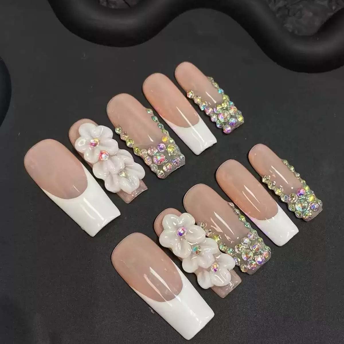 10Pcs Press On Nails Handmade Nails Long Square Fake Nails 3D Flower With Rhinestone Design French Tip False Nails Full Cover Acrylic Nail Reusable Stick On Nail For Women(SIZE:Large)