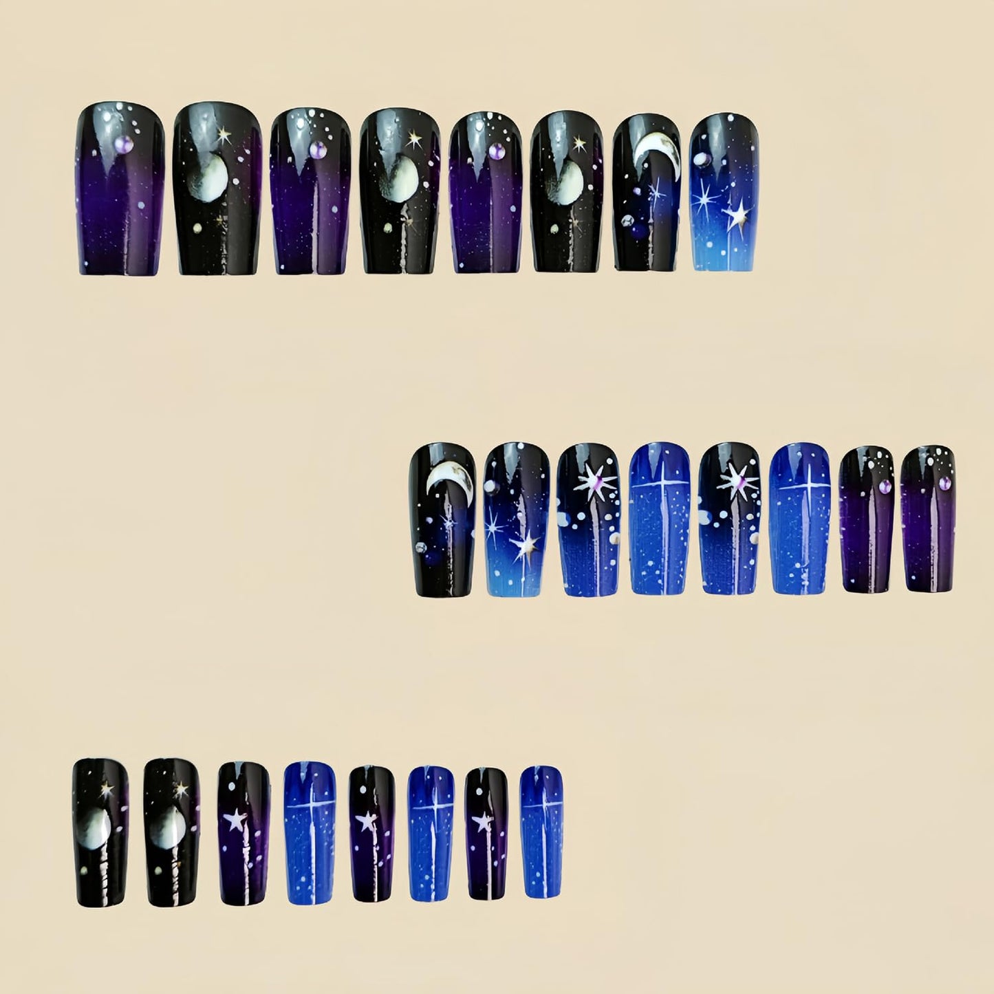 Press on Nails Medium Ballet Shaped Colorful Stars Sky Design Smudge False Nails Stars Ball Fake Nails Full Cover Starry Sky Stick on Nails Artificial Coffin Nails 24Pcs Glue on Nails for Women