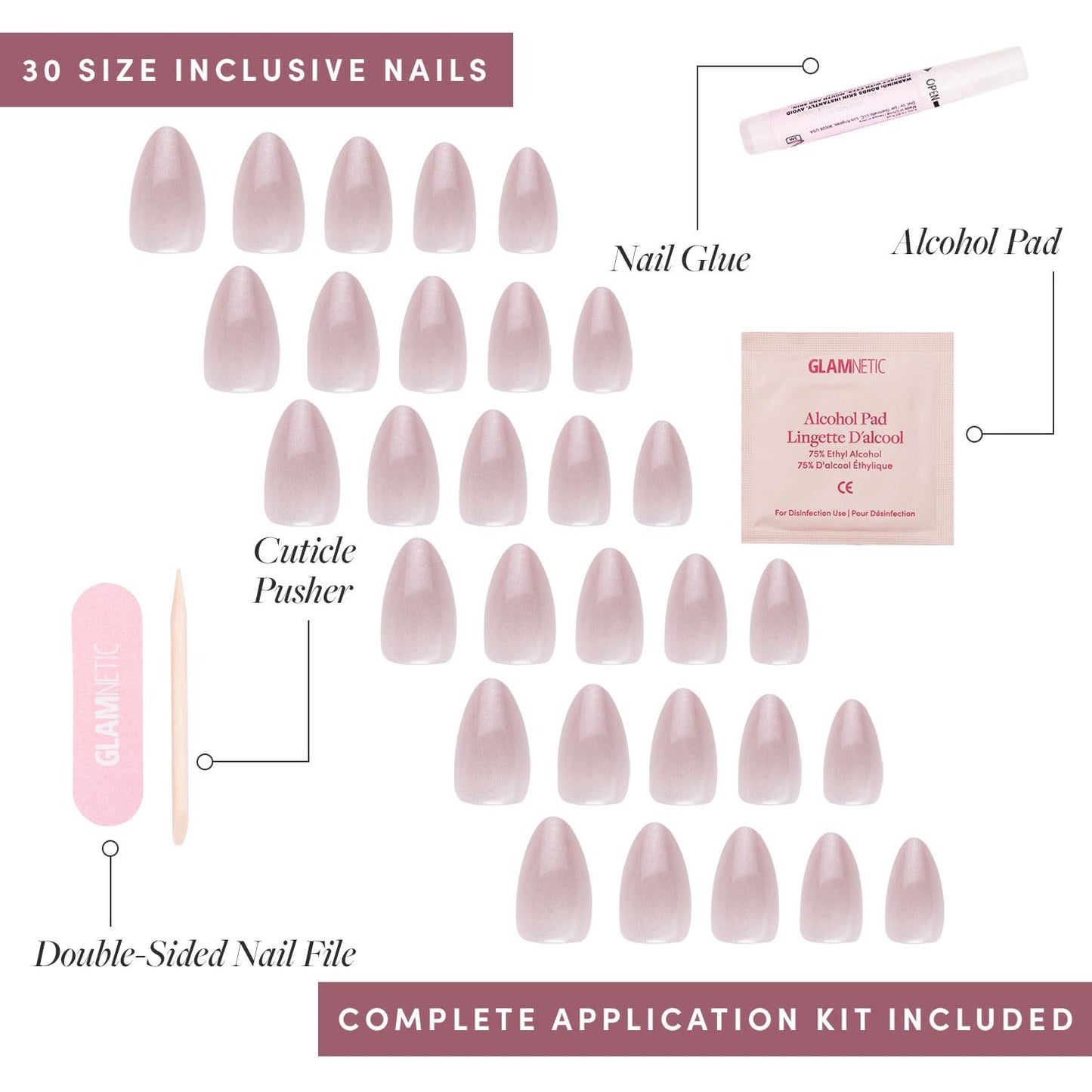 Glamnetic Press-On Nails Bundle - Seleinite, Rock Candy & Los Angeles | Soft White Sparkle Fake Nails | Pink Metallic Chrome French Tips | Blush Nude Pink Short Almond Nails