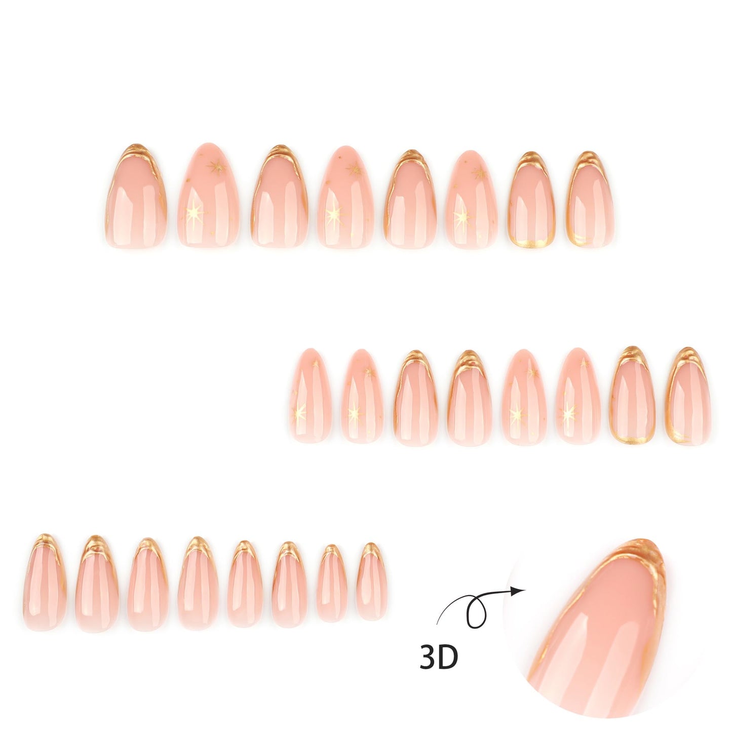 Gold Press on Nails Almond Medium Length Nude Fake Nails with Star Designs Pink False Nails Full Cover Glossy Summer Fingernails Stick on Nails for Women French Manicure Kit