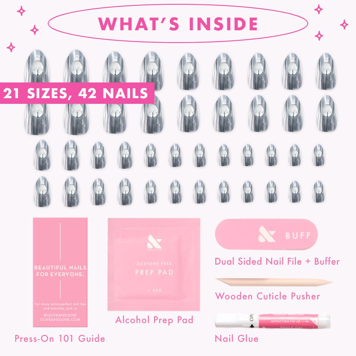 Olive & June Instant Mani Press-On Nails (Glue) | Star Wars: The Mandalorian & Grogu | 42 Fake Nails, 21 Sizes | Non-Toxic, Long-Lasting Up to 14 Days | Medium, Almond | Dark Saber Holographic Chrome