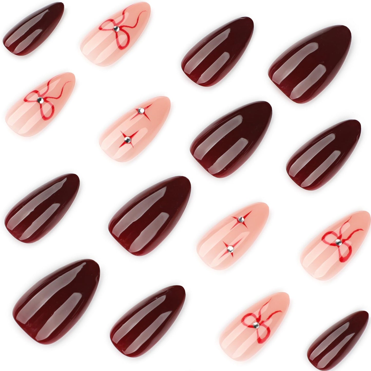 Mivota Soft Gel Press On Nails Medium Almond – Burgundy Ribbon Nude Nail Art, Reusable Luxury Glue-On Nails with Hand-Painted Bow Design, 24PCS Salon-Quality Stick On Nails for Women