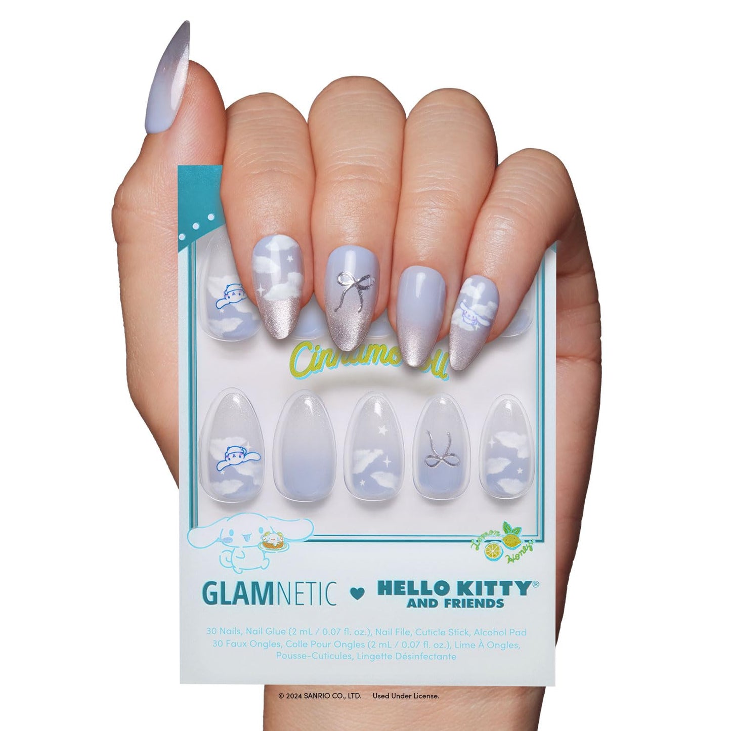 Glamnetic x Hello Kitty® and Friends Press On Nails - Cinnamoroll™ Cloud | Pale Blue 3D Cloud Graphic Fake Nails in a Velvet Finish | 15 Sizes - 30 Nail Kit with Glue