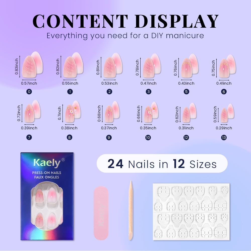 XZMeiLun 3D Flower Press On Nails Short Almond – Pink White Ombre Gold Line Designs, Acrylic Reusable Fake Nails with Adhesive Tabs Glue, Salon Quality Nail Press Ons - Nail Kit for Women Manicure