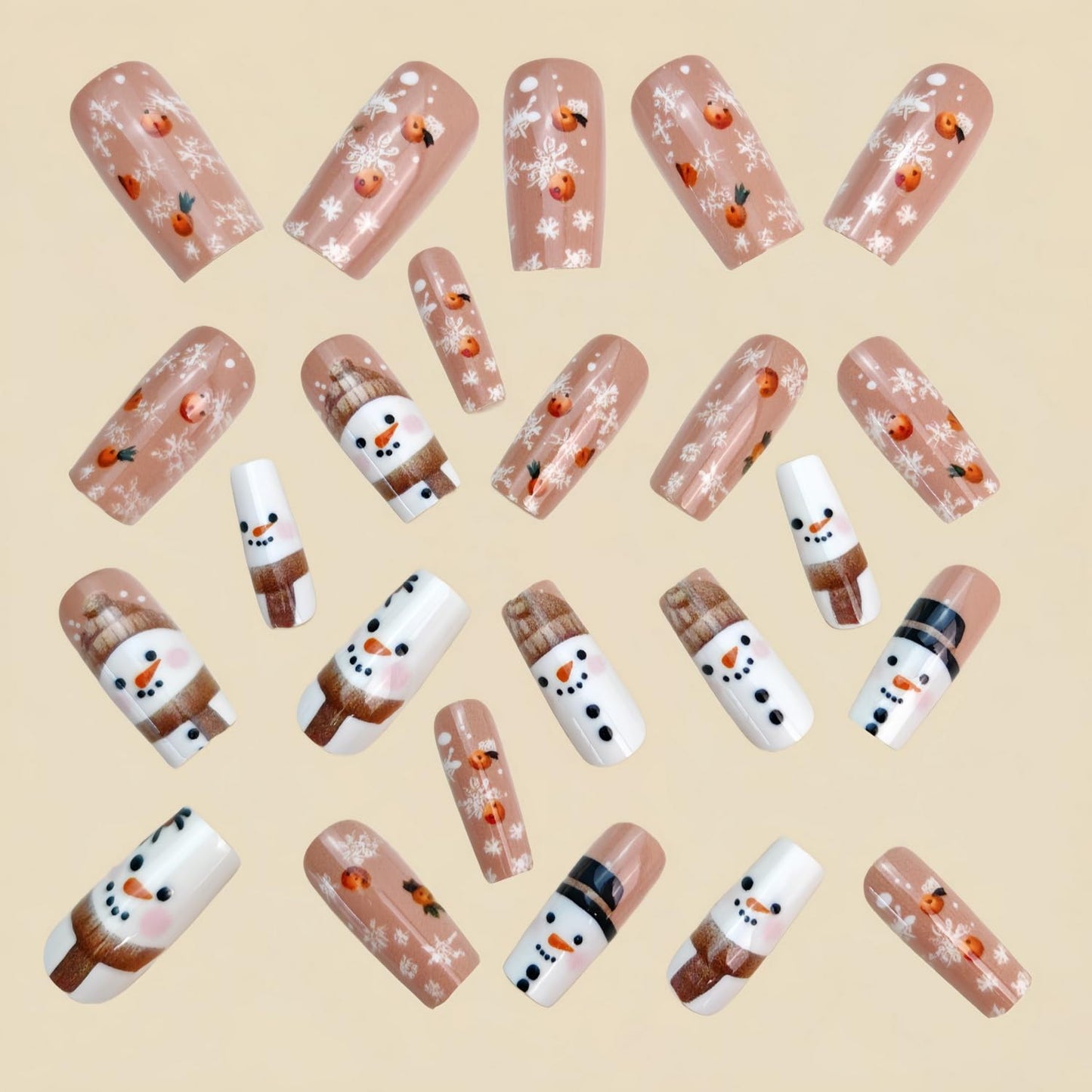 Christmas Press on Nail Medium Length Square Fake Nails Snowman Snowflake with designs Acrylic Stick on Nail Cute False Nails Winter Xmas Press ones Gel Glue on Nails for Women Holiday24pcs