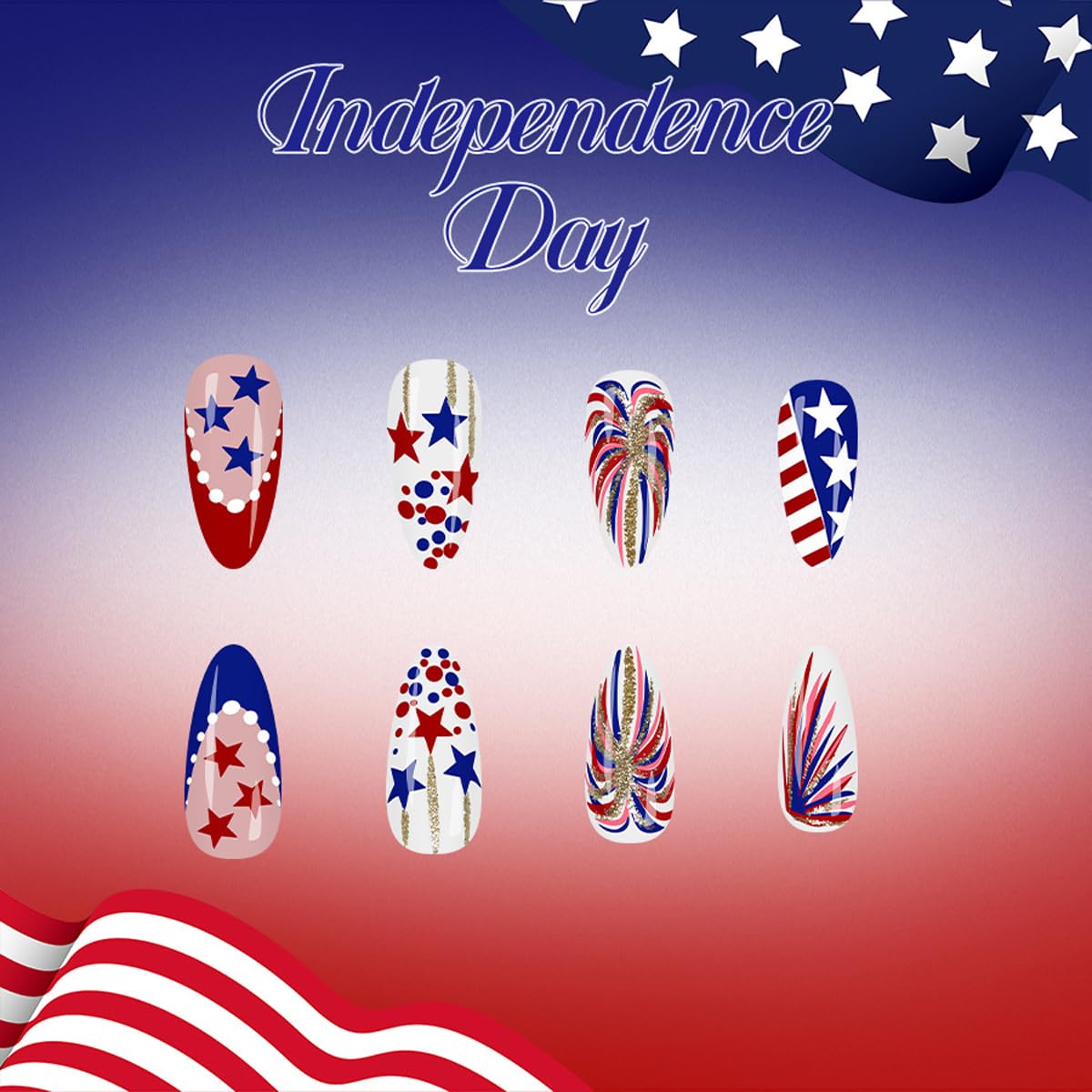 4th of July Press on Nails Medium Almond Fake Nails with Star and Fireworks Designs Red White Blue Nails Press ons Patriotic Theme Glue on Nail Independence Day Stick on Nails for Women 24Pcs