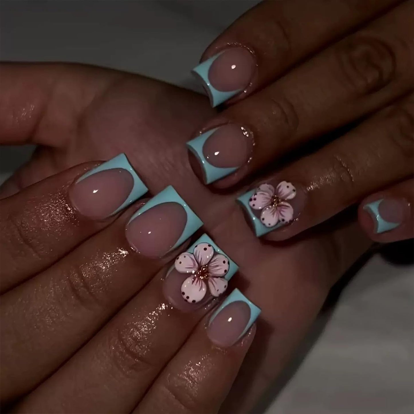 24Pcs Blue French Tip Press on Nails Short Square Fake Nails Pink 3D Flower False Nails with Gold Rhinestones Design Spring Summer Glue on Nail Full Cover Artificial Stick on Nails for Women Manicure
