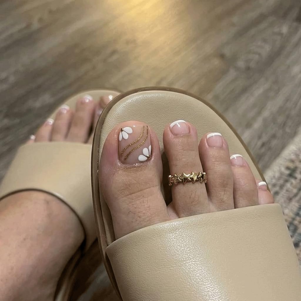 PEPFTG Pink Press on Toenails Short Square Fake Toenails with Flower Gold Line Design Stick on Nails French Tip Nails Press on Toenails Summer Acrylic Glue on Toenail for Women Manicure 24Pcs