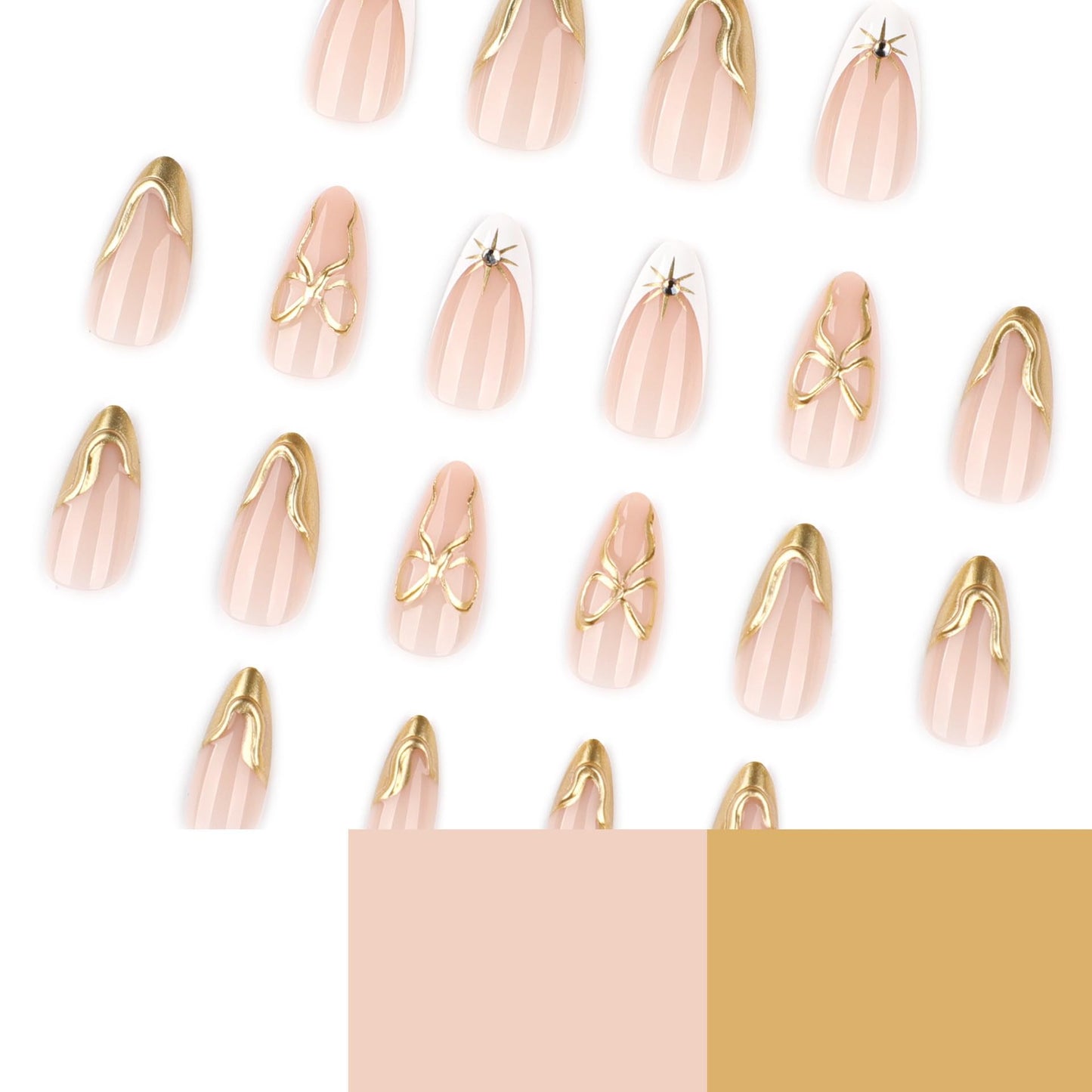CTTHNBD Medium Press on Nails Almond - Gold French Tip Fake Nails with Bow Design - Starburst Stick on Nails for Women - 24 Pcs