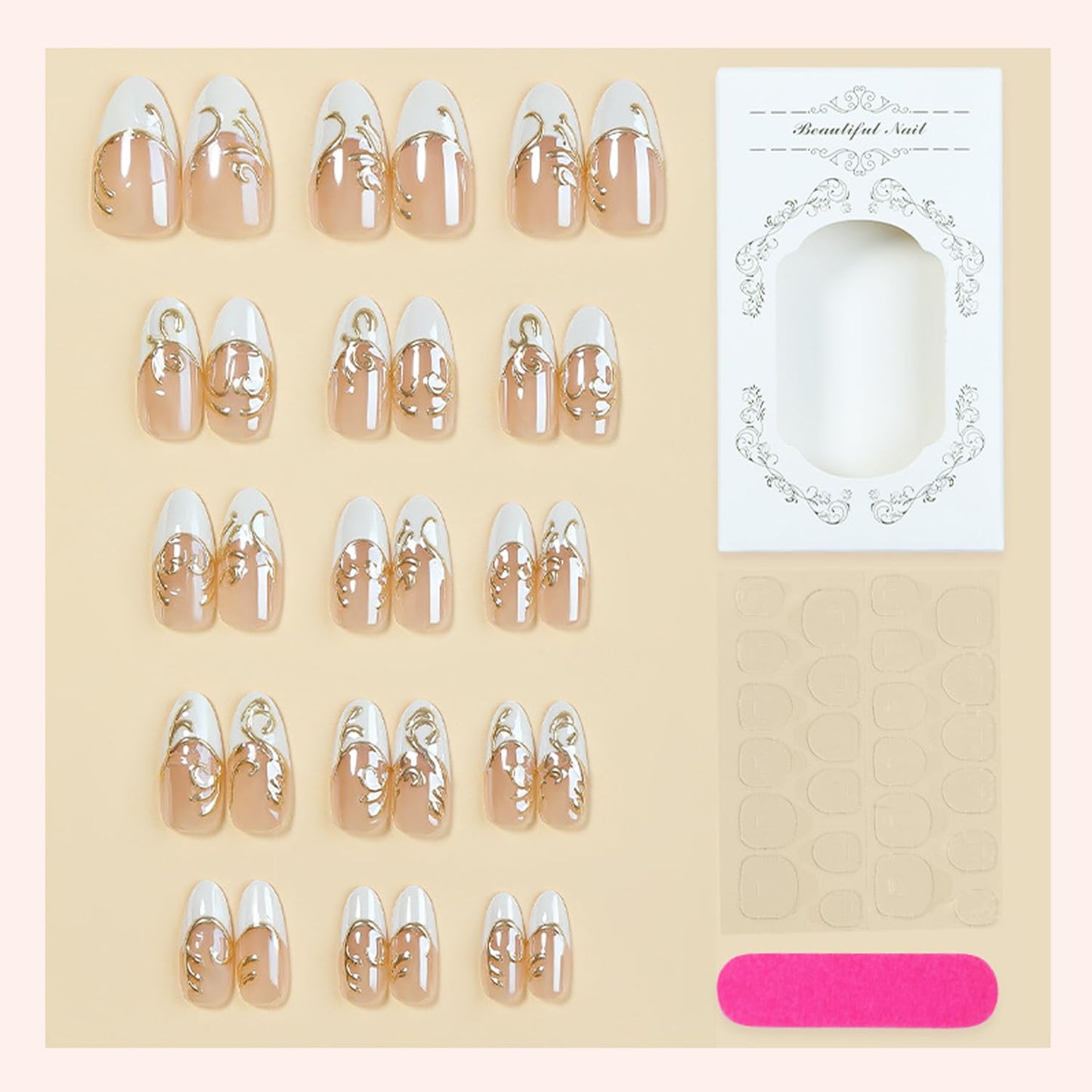 30Pcs White French Tip Press on Nails - Medium Almond Fake Nails 3D Chrome Gold False Nails Gilded Line Gel Acrylic Nails Nude Glossy Full Cover Irregular Gold Line Artificial Stick on Nail for Women