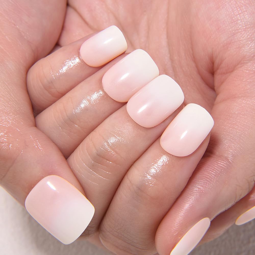 evpct Cream White Ombre Glossy Press on Nails Short Square, Nude Glossy Fake Nails Reusable, Acrylic False Nail Stick on Press ons for Women Gifts, Color Ombre Artificial False Nail with Kit, 30Pcs