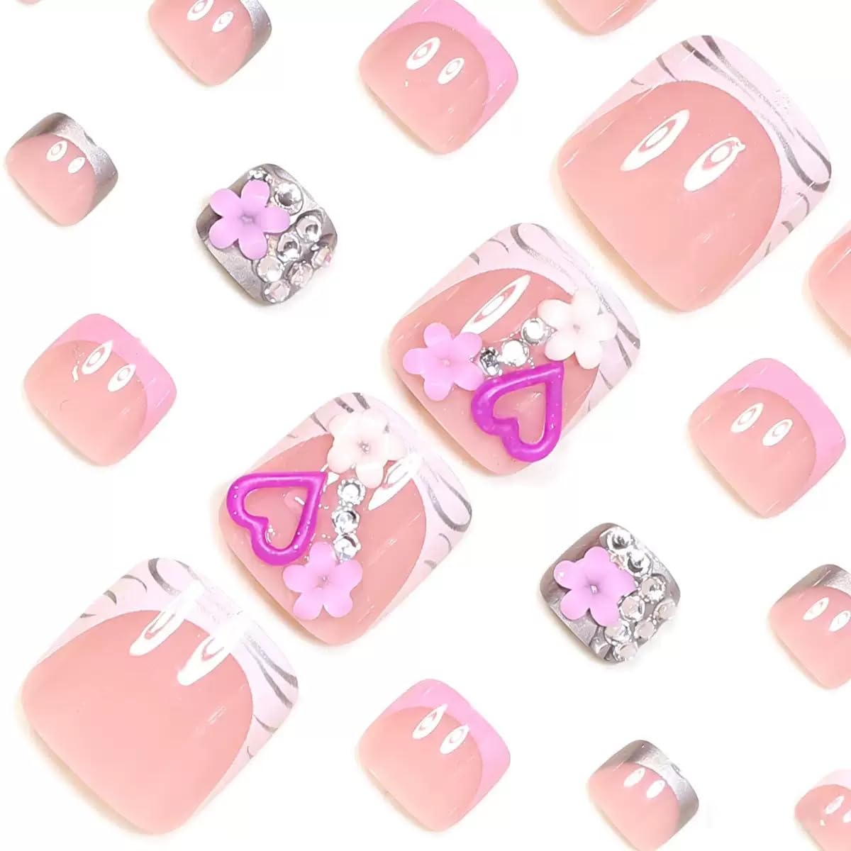 CTTHNBD Press on Toenails - French Tip Fake Toenails with Heart Flower Design - Rhinestone, Summer Press on Toe Nails for Women - 24 Pcs
