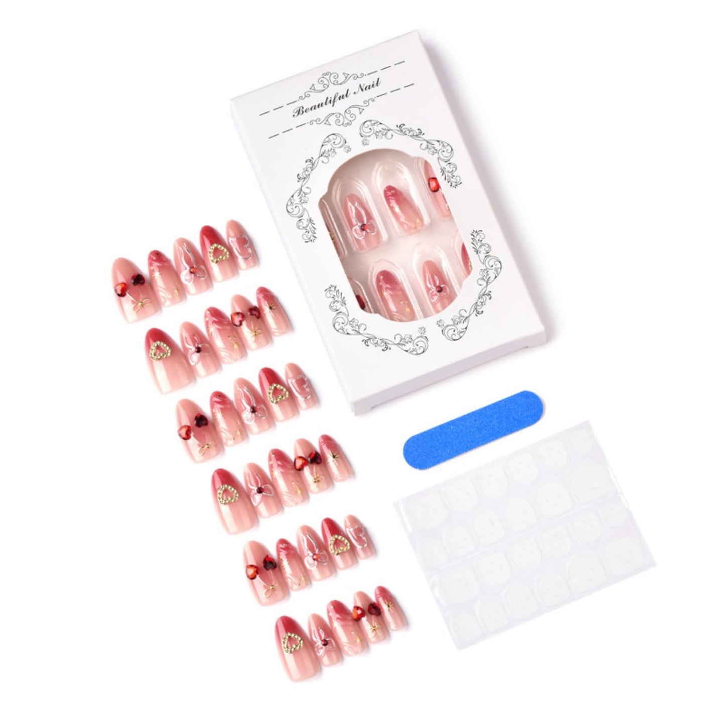 Medium Almond Press on Nails for Women, Fake Nails with Heart & Gold Bow Artificial Stick on Nails