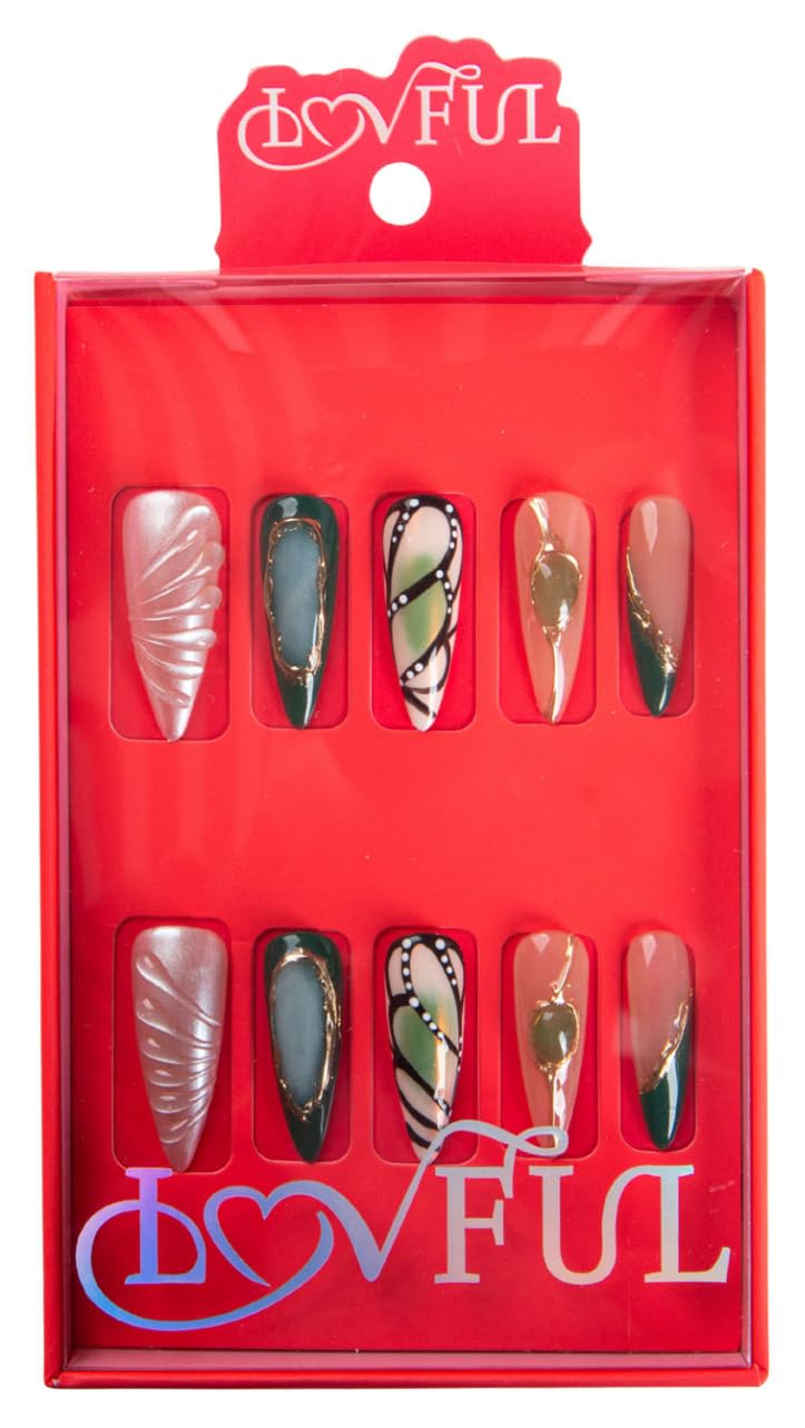 LOVFUL Press on Nails Handmade with Full Covered Crystals Reusable Fake Nails Stiletto Classic Regular 1.3 in Verdant Luxe S H751-S