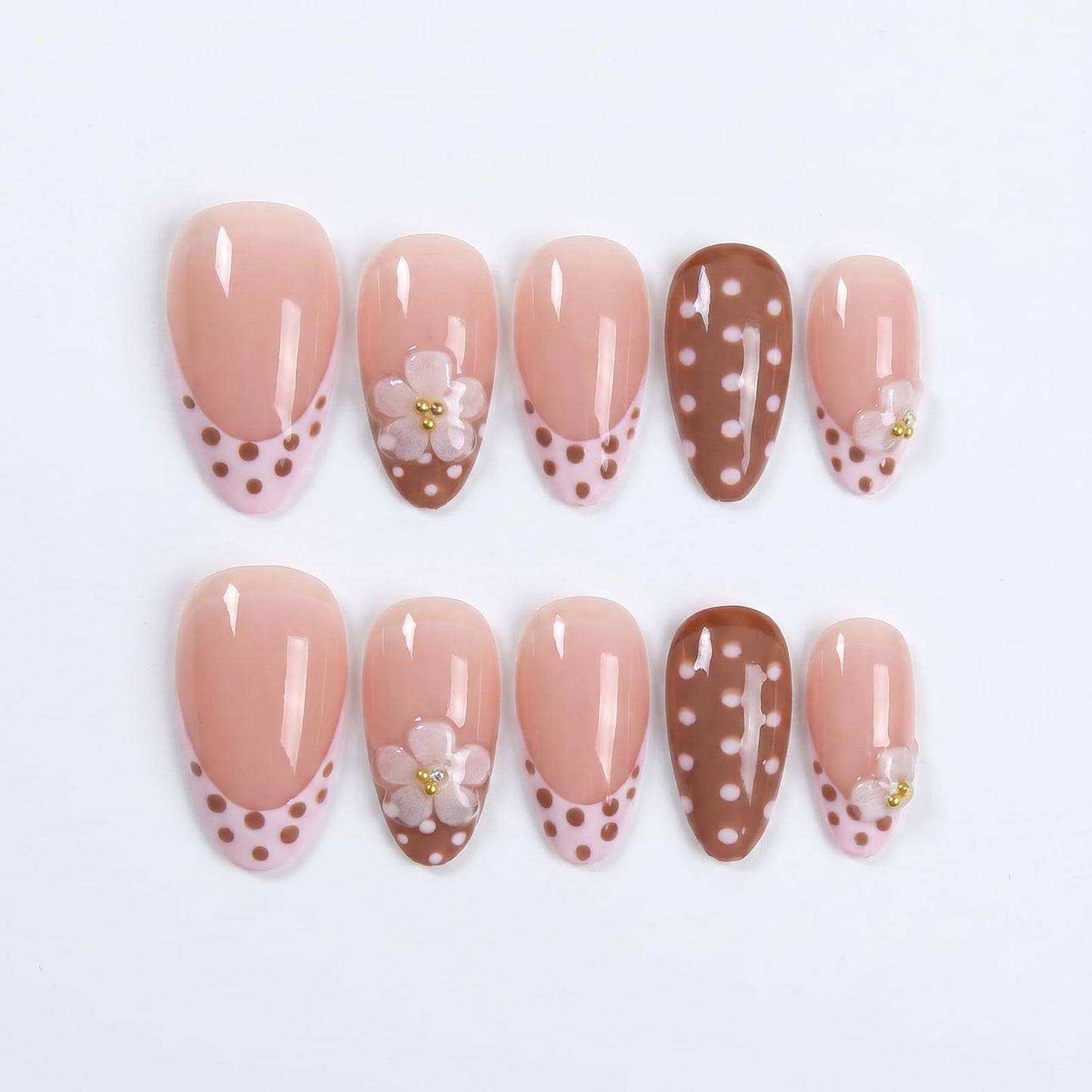 IMRAIN Almond Press on Nails, Medium Fake Nails, Nude Brown French Tip 3D Floral Polka Dot, 24 Pcs Reusable Glue on Nails for Women, Salon Quality