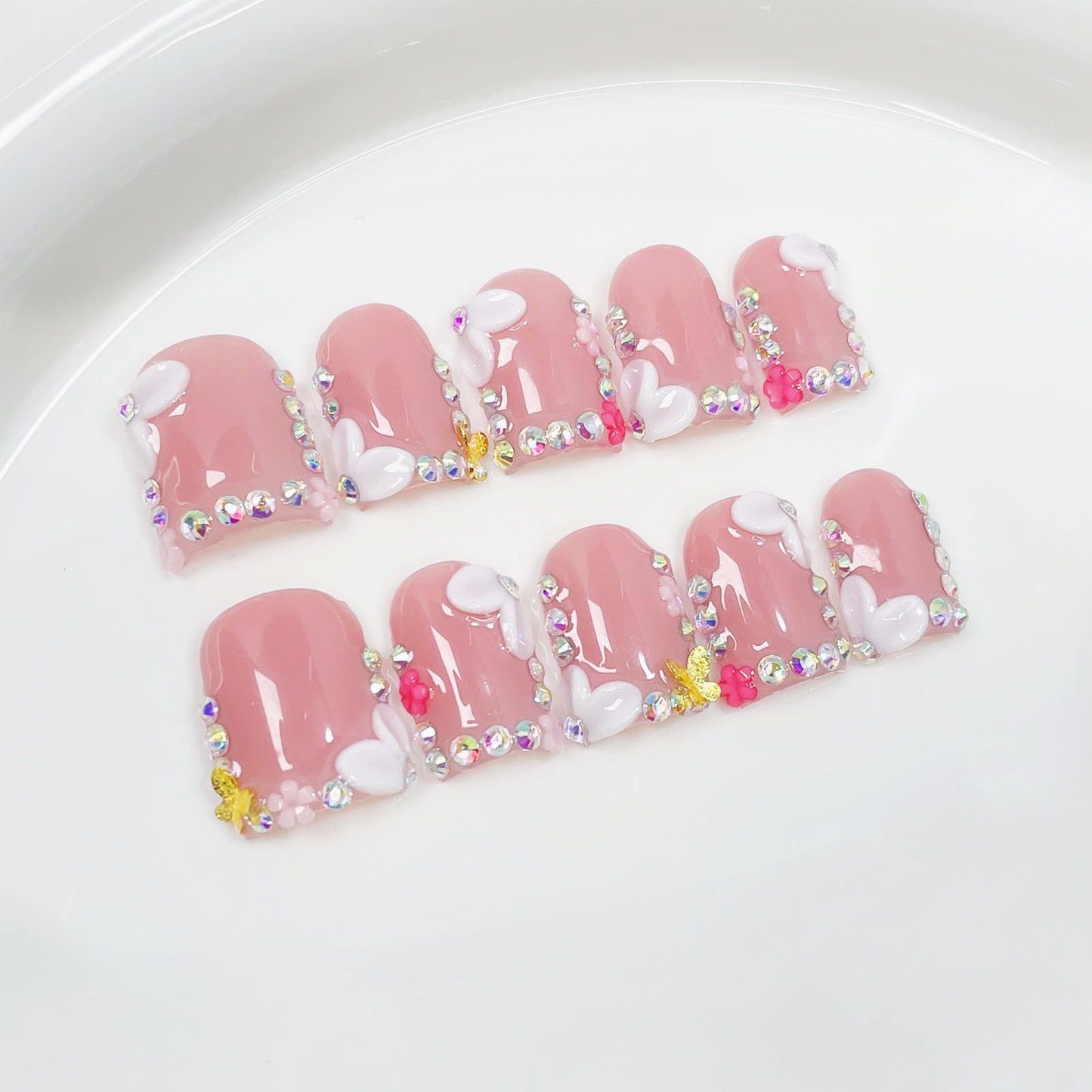 10 Pcs Pink Handmade Press on Nails Short Square Fake Nails with 3D Flower Rhinestones Charms Design Acrylic False Nails M Size Press Ons Nails Square for Women Manicure