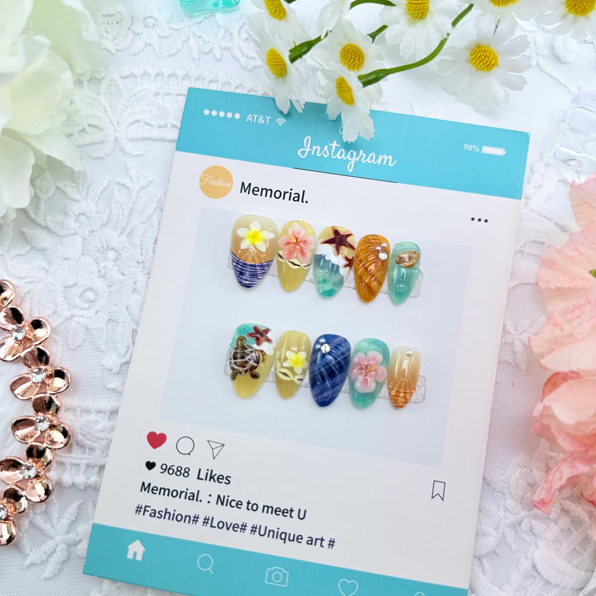 Summer Beach Press on Nails Short Almond 24Pcs Floral False Nails with 3D Ocean Seashell Turtle Starfish Design Cute Fake Nails Blue Sea Acrylic Nails Full Cover Glue on Nail for Women Spring Nail DIY
