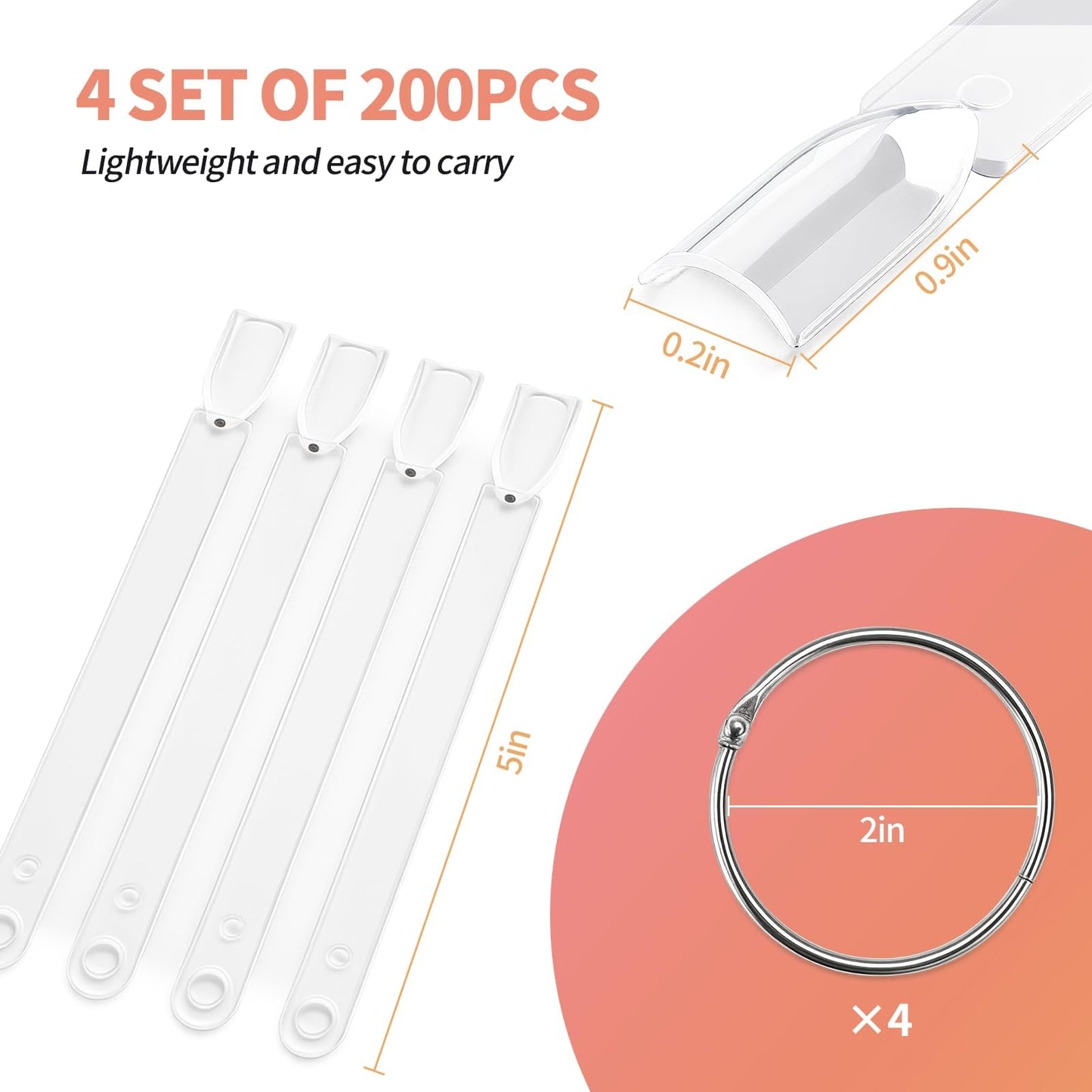200 PCS Nail Swatch Sticks, Clear Plastic Nail Color Swatches with Metal Ring, False Fake Nail Art Tips Sticks for Gel Polish Display,Practice(Square Nail Sample Fan)