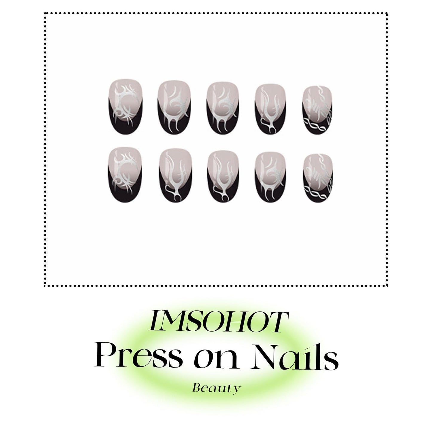 IMSOHOT Short Press on Nails Oval Black French Tips Fake Nails with Silver Totem Designs Round Full Cover Glossy Acrylic Gothic Glue on False Nails for Women 24Pcs