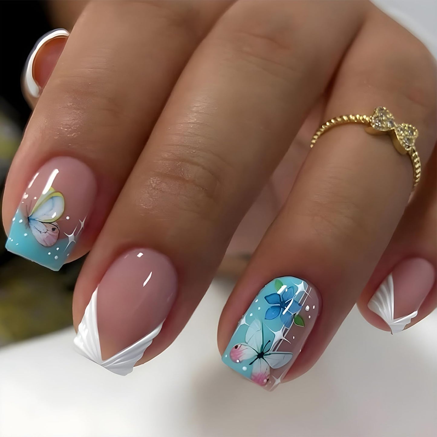 IMSOHOT Short Press on Nails Square White French Tips Fake Nails with Blue Butterfly Designs Full Cover Glossy Squoval False Nails Stick on Fingernails Gel Glue on Nails for Women Girls 24Pcs