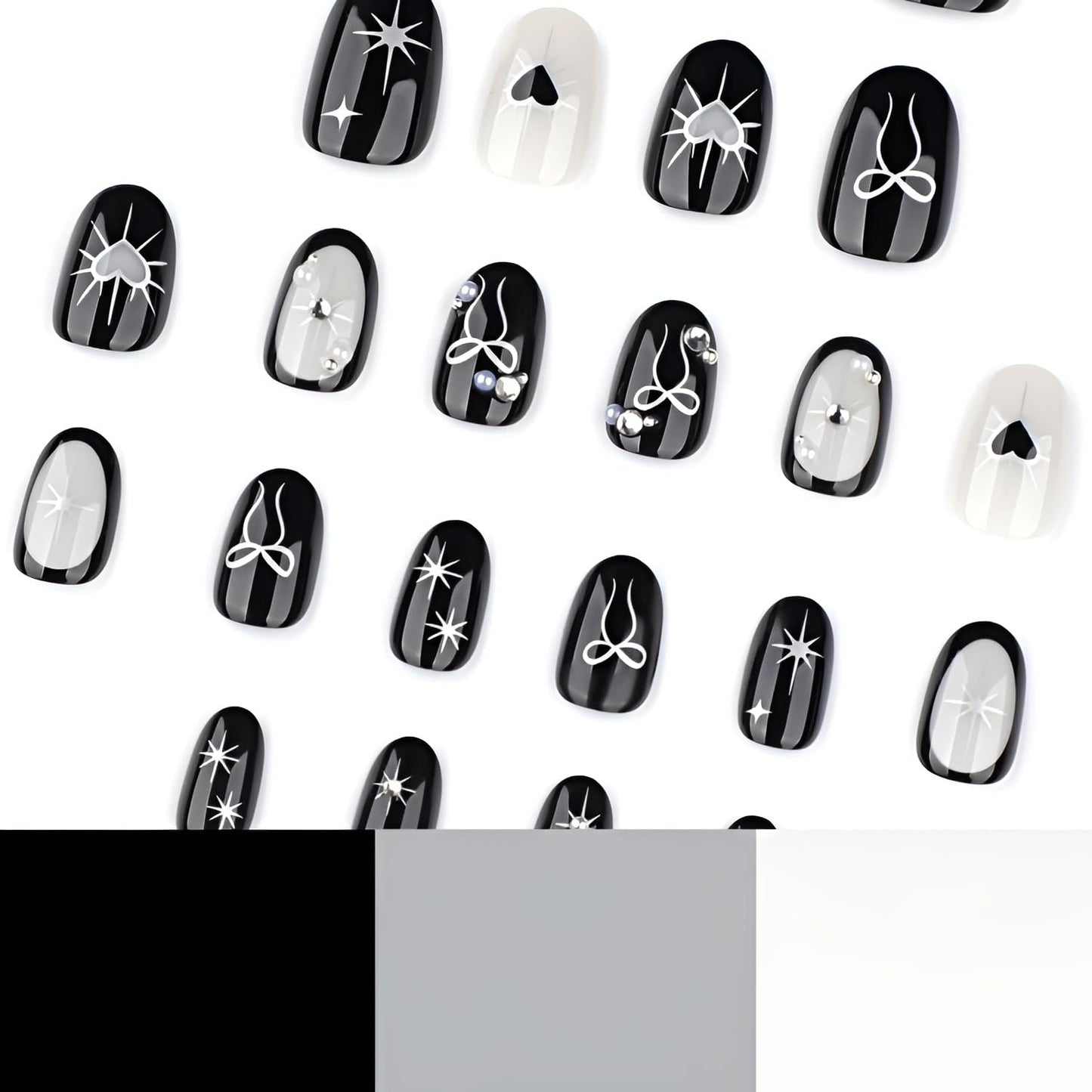 Black Press on Nails Short Almond Fake Nails Silver Bow Heart Nails Press Ons Star False Nails with Rhinestones Design Glossy Glue on Nail DIY Acrylic Stick on Nail for Women Decorations 24Pcs