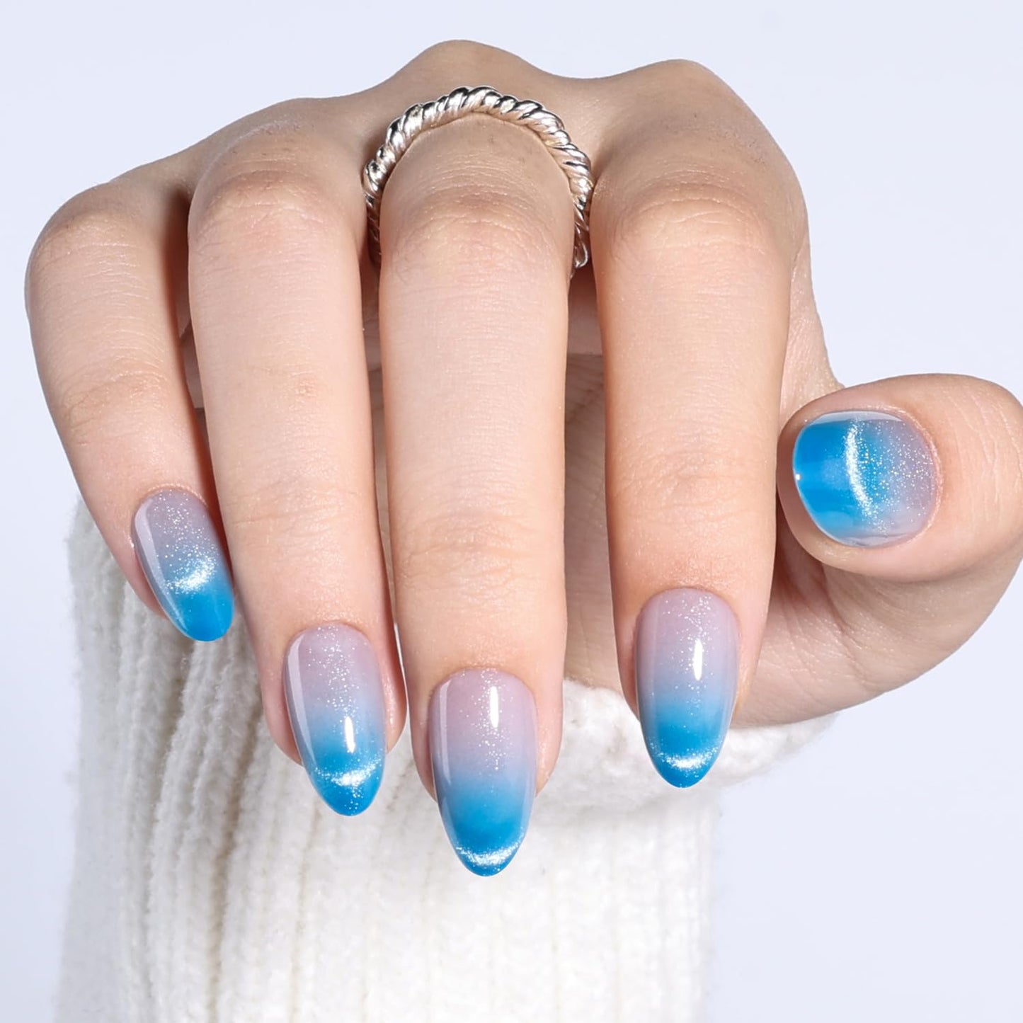 WiniBeauty Blue Cat Eye Press On Nails Almond - Ombre Short Almond Fake Nails, Blue Cateye Press On Nails Reusable Stick On Nails in 16 Sizes, 32pcs False Nail Kit for Women & Girls (Fading Tides)