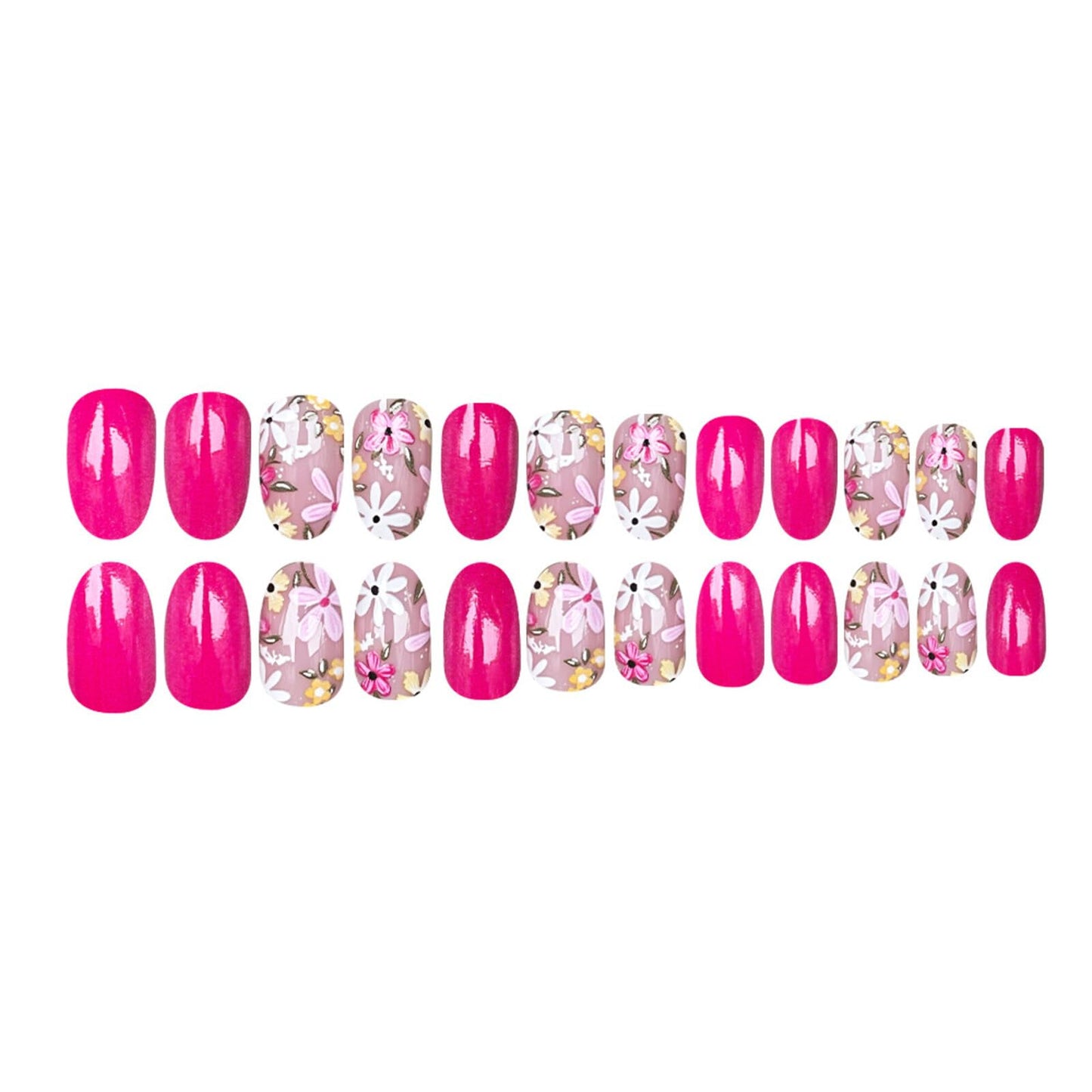 Floral Medium Oval Press on Nails Neon Pink Base Pastel Multi-color Floral Accents Glossy Finish Reusable Spring Nails Easy Fashion Party Wear Durable Trendy Women Girls Nail Art 24 Pcs
