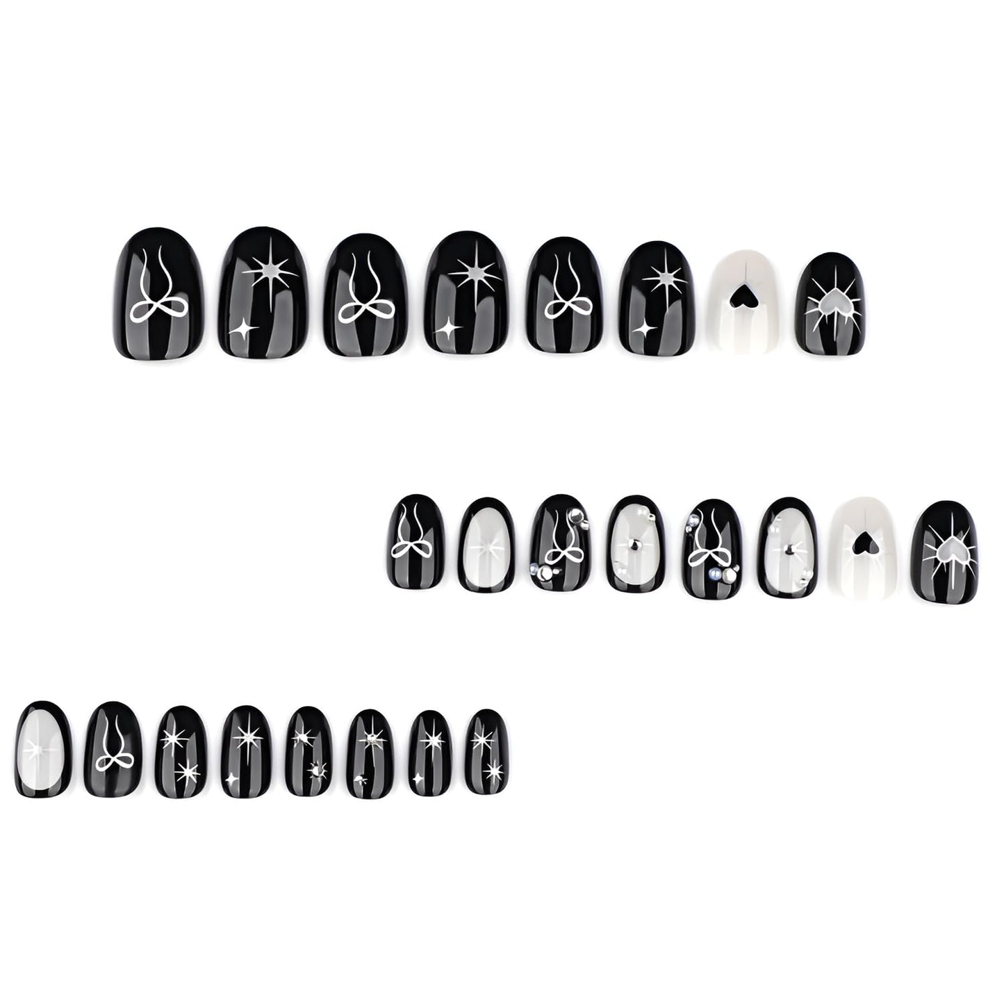 Black Press on Nails Short Almond Fake Nails Silver Bow Heart Nails Press Ons Star False Nails with Rhinestones Design Glossy Glue on Nail DIY Acrylic Stick on Nail for Women Decorations 24Pcs