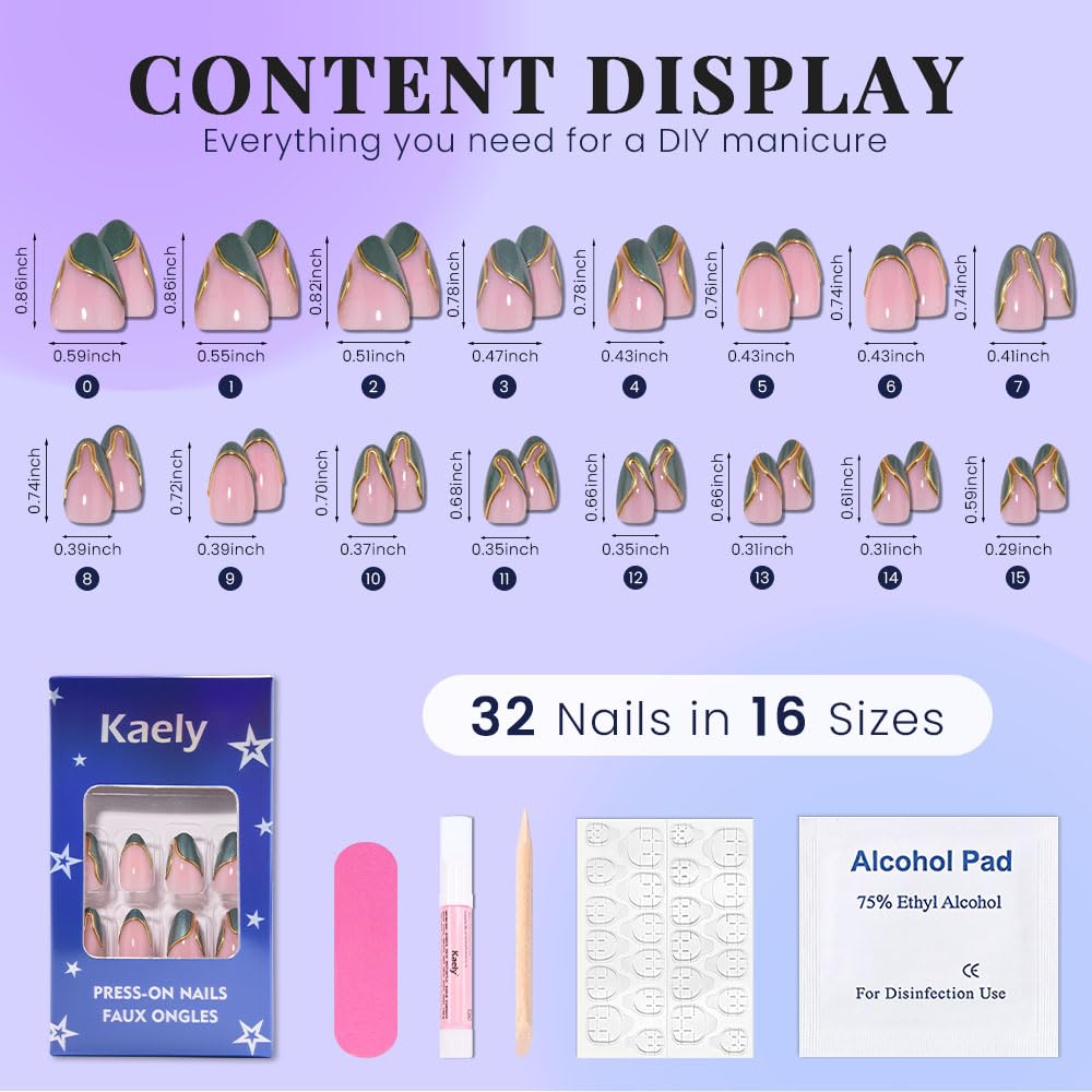 evpct French Tip Press On Nails Short Almond, Nude Pink + Gold Line & Dark Green Tips, Short Almond Fake False Press on Nails, Reusable Gel Stick on nail Press ons with Nail Kit, Salon Quality