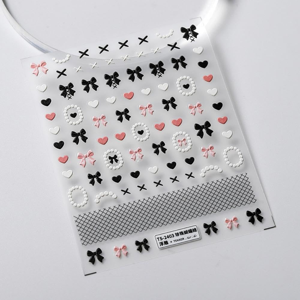 5D Embossed Black Bows Nail Stickers Pink White Heart Nail Art Stickers Ribbon Nail Decals Self-Adhesive Spring Nail Sticker Valentines Nails Supplies for Women Girls DIY Manicure
