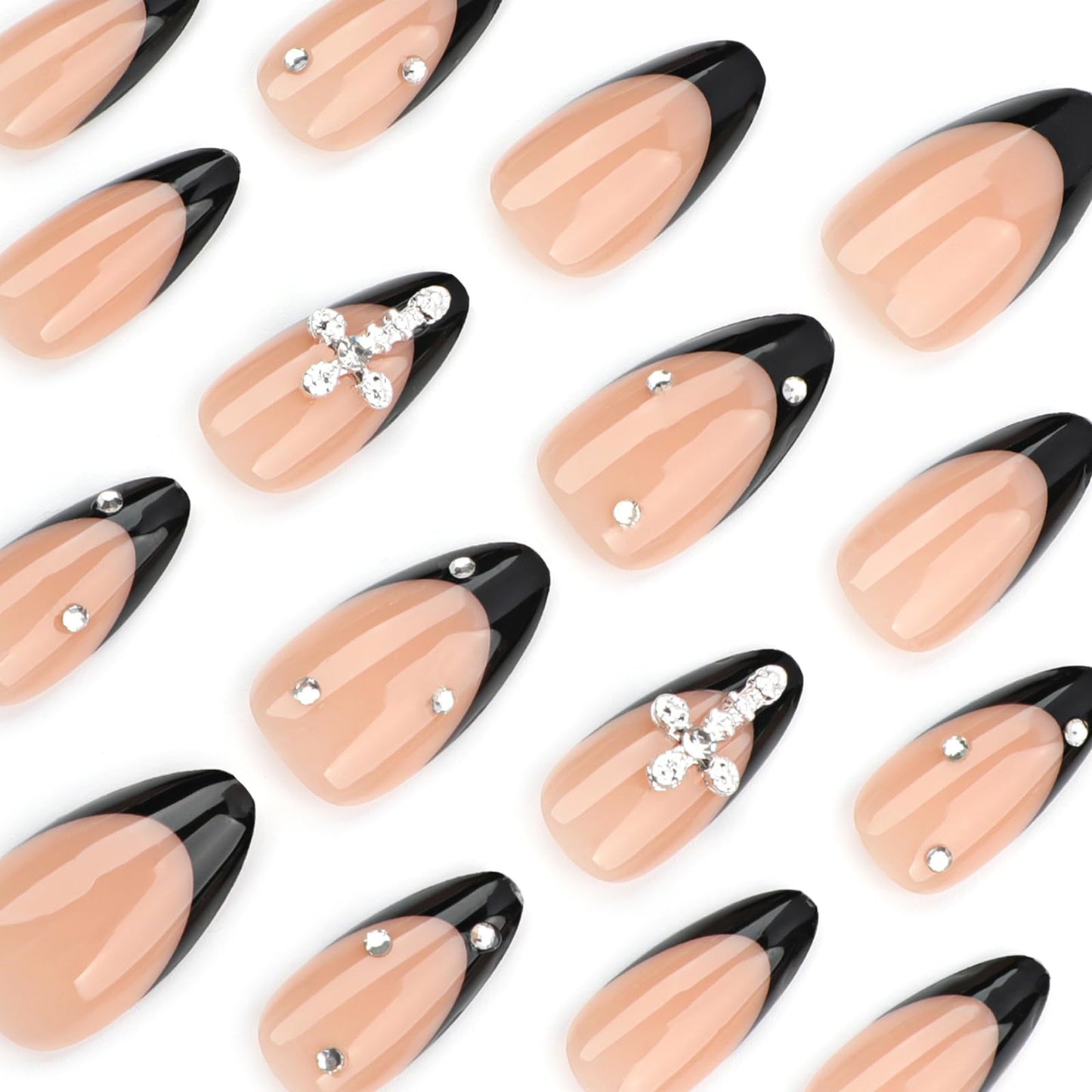 24 Pcs Handmade Almond Press on Nails Short Medium Fake Nails Black French Tip False Nails with Rhinestone Design Artificial Nails Holiday Glue on Nails Reusable Full Cover Stick on Nails for Women