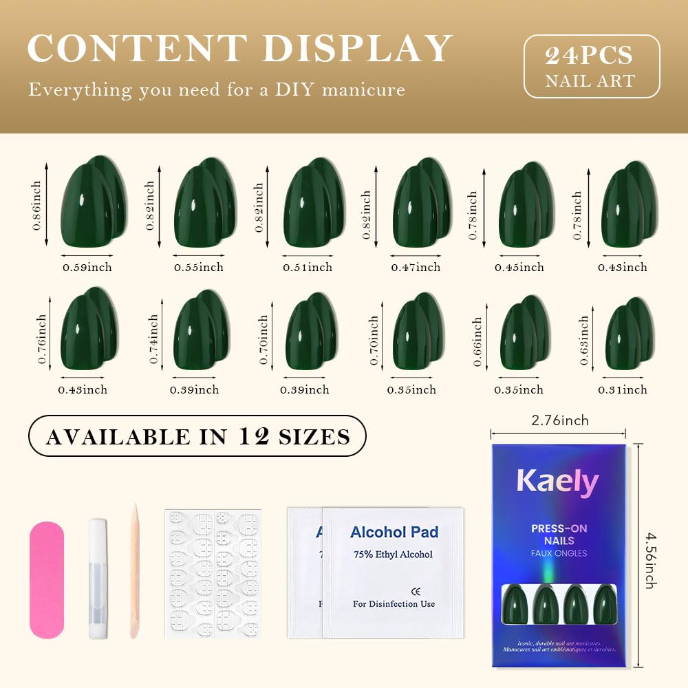 evpct Green Glossy Press on Nails Short Almond, Glossy Green Fake Nails False Nail Pure Color with Kit, Salon Quality Soft Gel Stick on Acrylic False Soft Nails Reusable Full Cover for Women Manicure