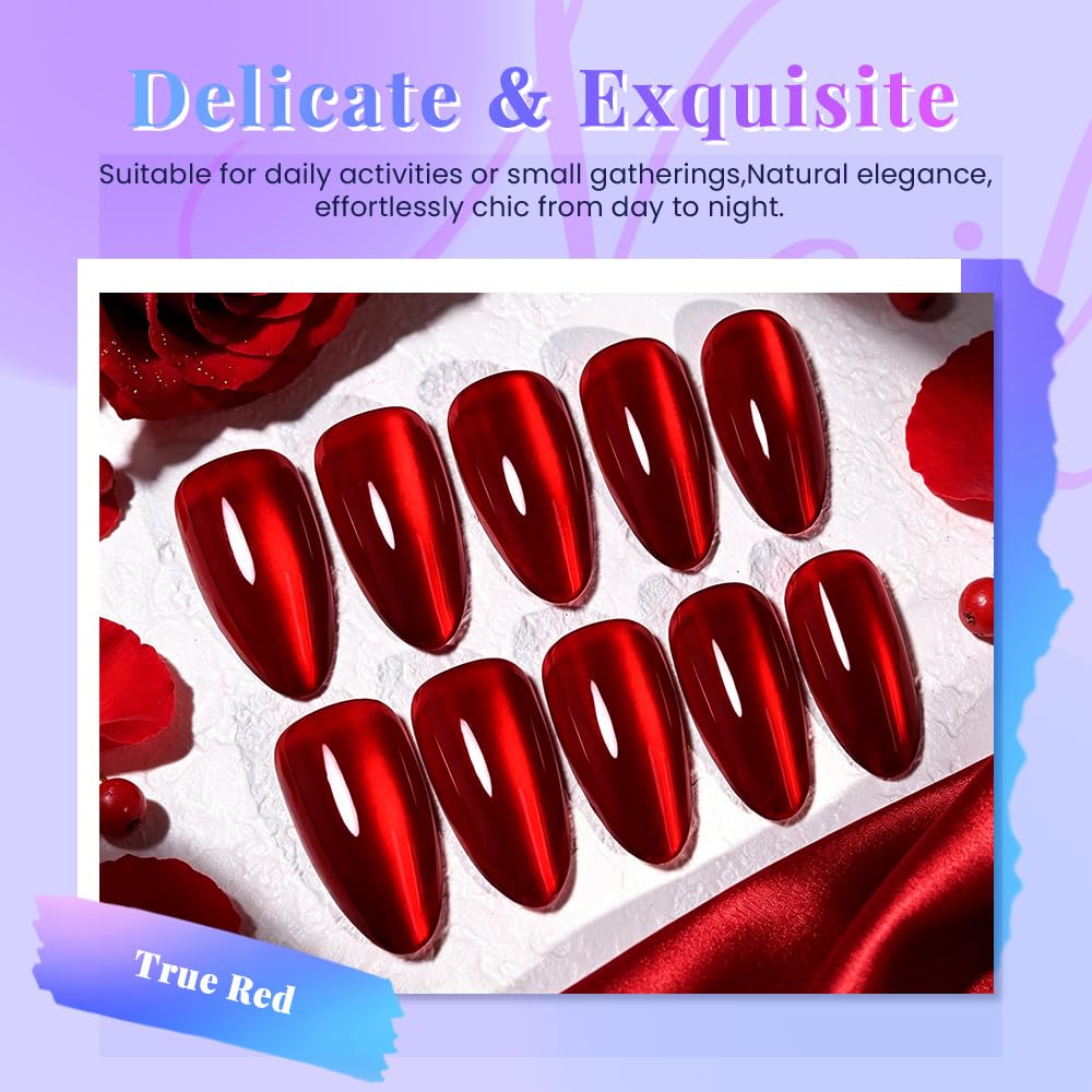 XZMeiLun Cat Eye Red Press On Nails Almond Medium Length, Magnetic Acrylic Fake Nails Stylish Design, Salon-Quality Shiny Finish, Reusable Stick On Nails Kit for Women, Daily Wear (No Glue Included)