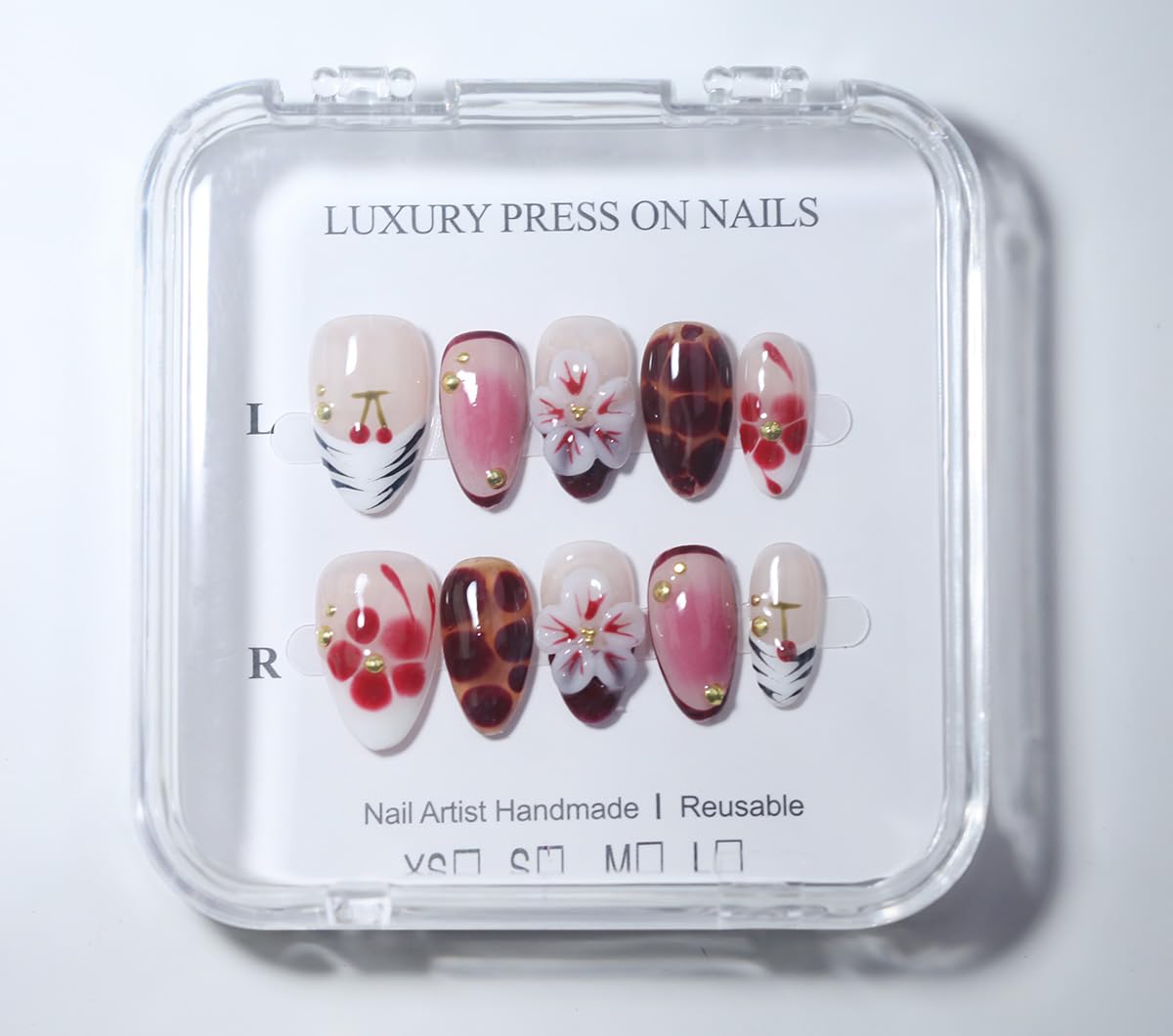 10Pcs Short Almond Handmade Press On Nails | Nude Pink & Red Ombre with Cherry, Tortoiseshell Print & 3D Floral Decor | Reusable Salon-Quality Fake Nails for Women and Girls(251213, S)