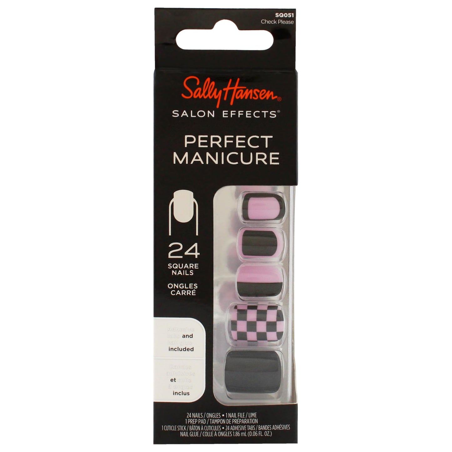 Sally Hansen Salon Effects® Perfect Manicure, Check Please, Press On Nails, Square Shaped, Non-Damaging Adhesive Tabs, File, and Alcohol Pad Included (Pack of 2)