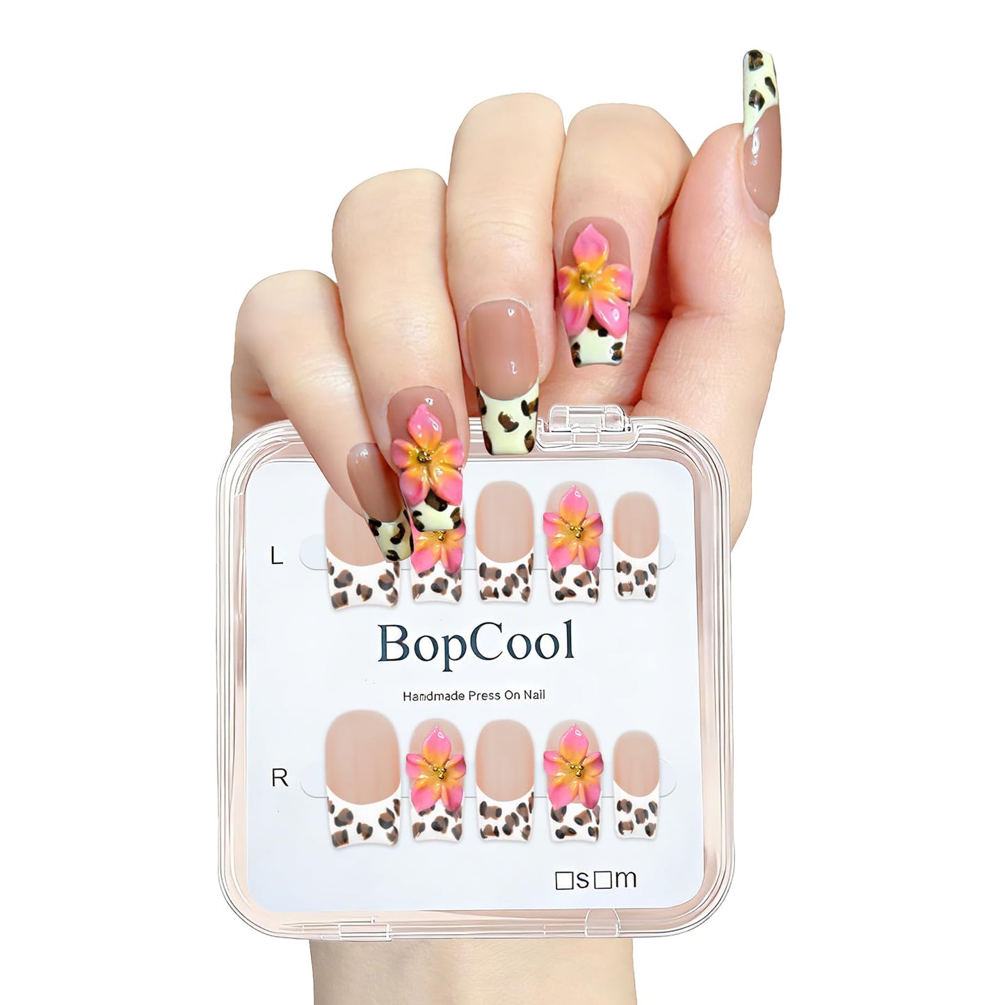 Nude Pink Handmade Press On Nails – Long Coffin French Leopard Print & Floral Rhinestone Design | Thick Acrylic Full-Coverage False Nails Spring Pattern (S-10PCS)