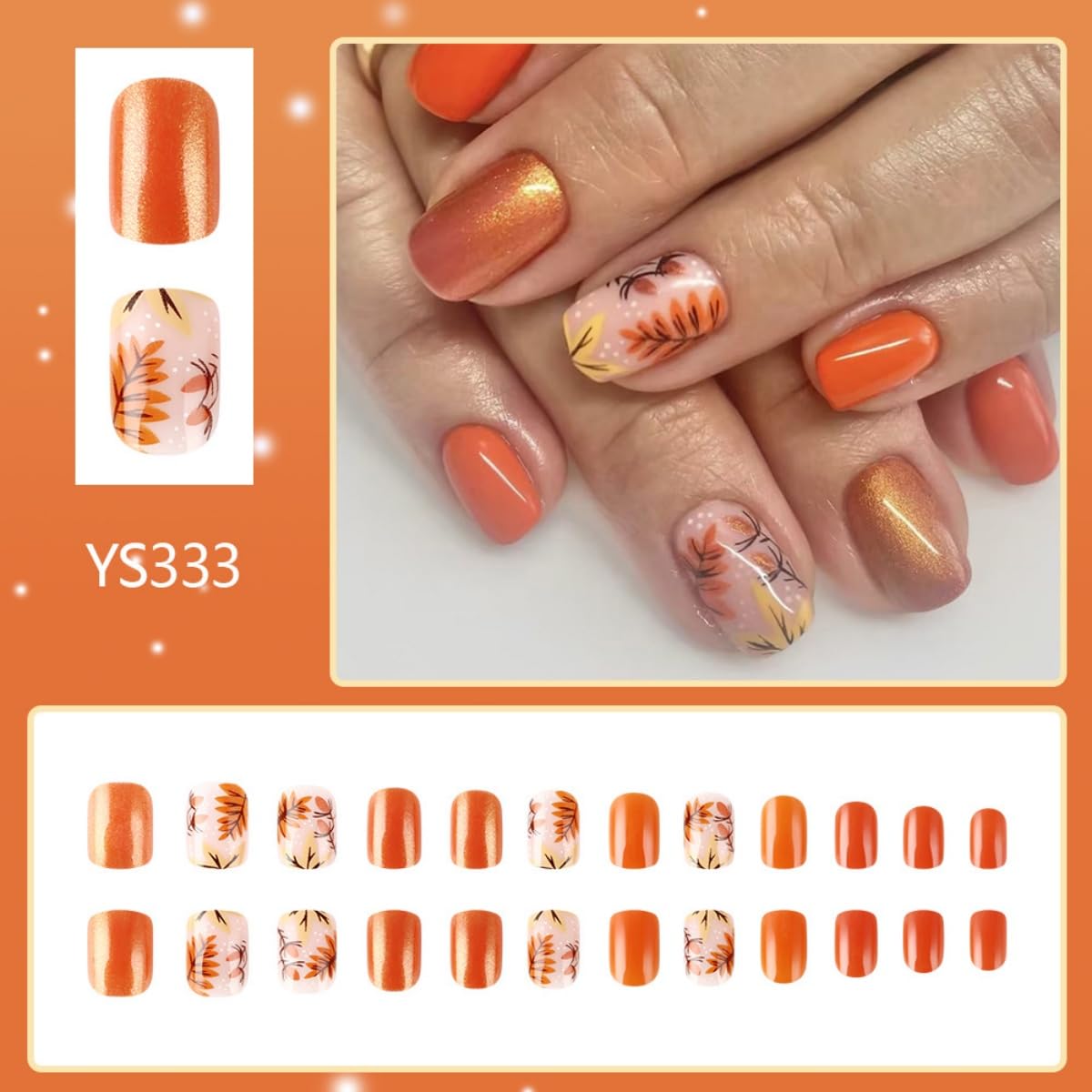 Thanksgiving Press on Nails Short Square Fake Nails Maple Leaves False Nails Holographic Full Cover Acrylic Nails with Glitter Design Stick on Nail Orange Glue On Nail for Women Girl Manicure 24Pcs