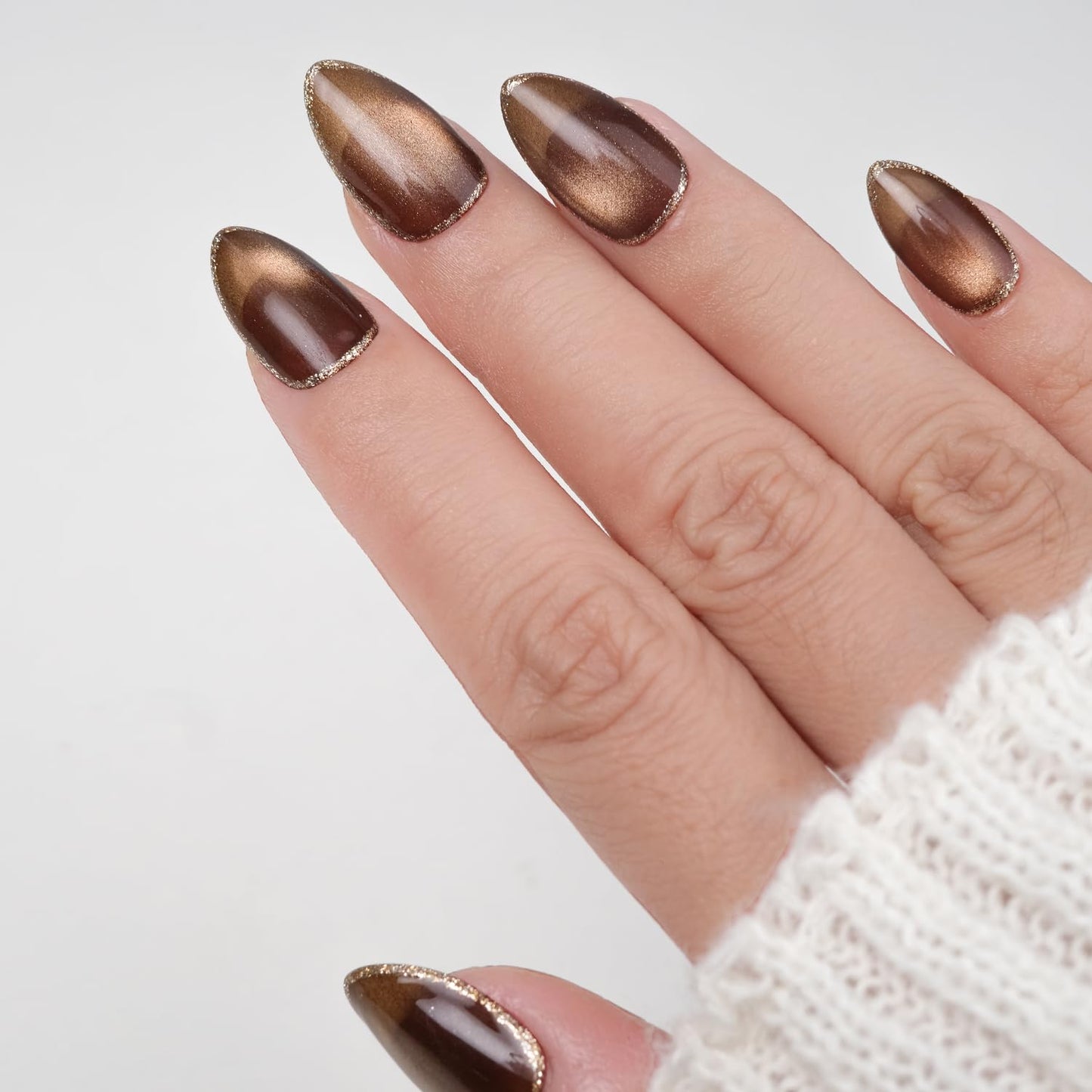 Nailique Press On Nails Short Almond – Handmade Espresso Mocha Brown Cat Eye Soft Gel with Gold Trim Outline, 26pcs Reusable Nail Tips with Glue & Remover, Salon Quality Luxury Chic Manicure