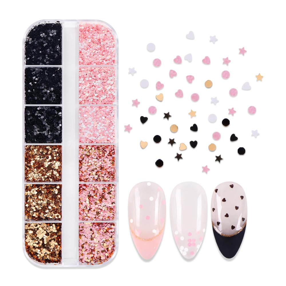 AWDSLUY 12Girds Litter Star Round Heart Nail Glitter Sequin Retro Love Heart Nail Glitters 3D Nail Art Supplies Holographic Shiny Gold Nail Sequins for Valentine's Day Manicure Decorations