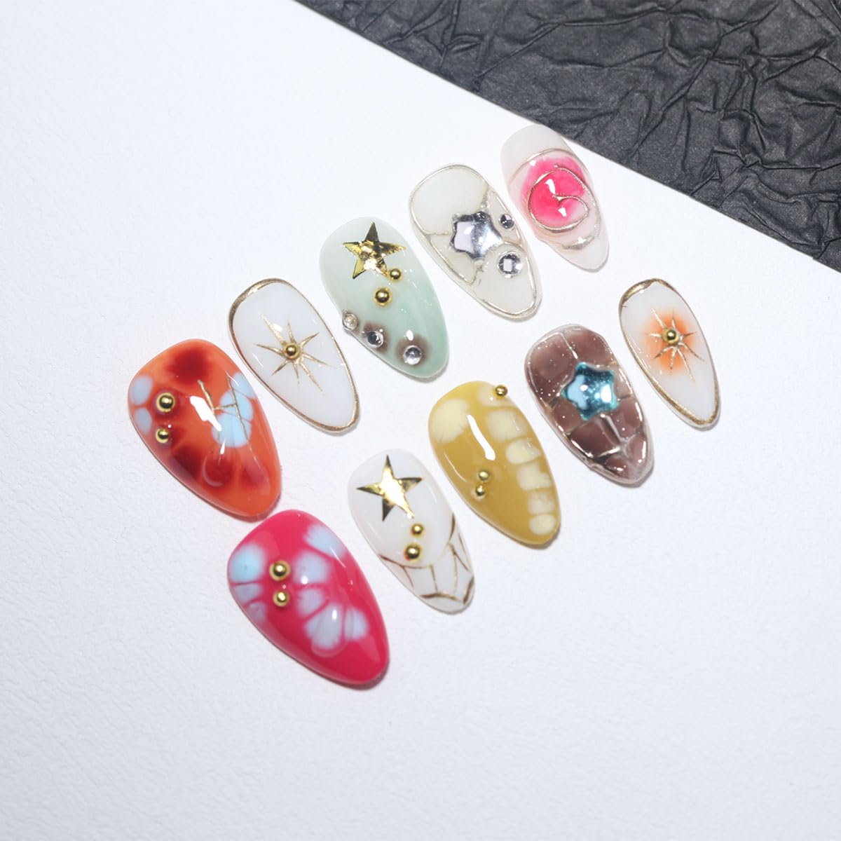 10Pcs Short Almond Handmade Press On Nails | Easy Apply & Remove, Reusable Salon Quality Nails | Colorful Y2K Fake Nails with 3D Star, Gold Accents & Rhinestone (RR06, S)
