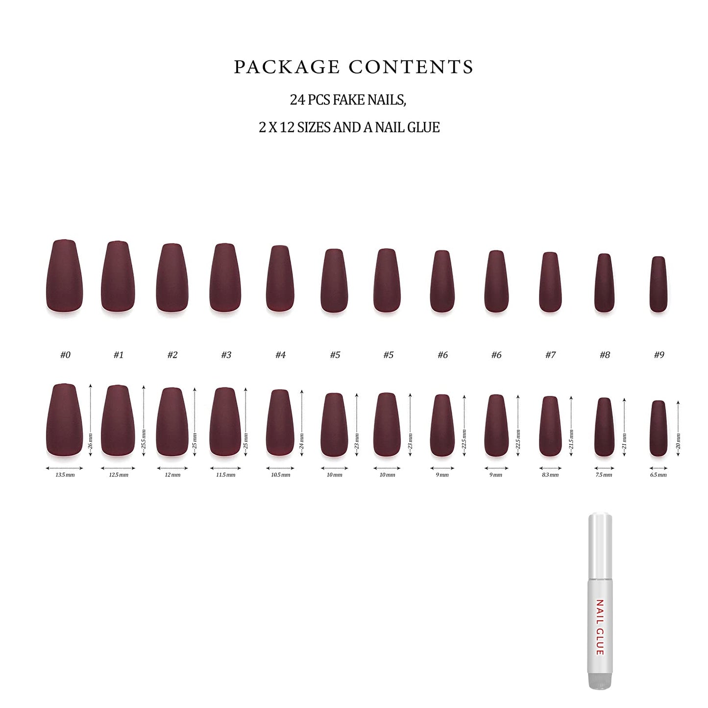 Hypnaughty 24 Pcs Maroon Xtreme Red Matte Coffin Press on Nails with Glue Medium Long Fake Nails Full Cover (Maroon Xtreme)