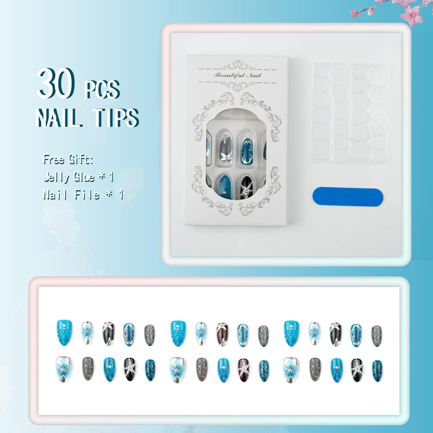 30Pcs Blue Flower Press on Nails Kit Medium Almond Fake Nails 3D Floral Handmade Rhinestone & Silver Star Irregular Design French Full Cover Acrylic Nail Tip Y2K Cute Stick on False Nail for Women