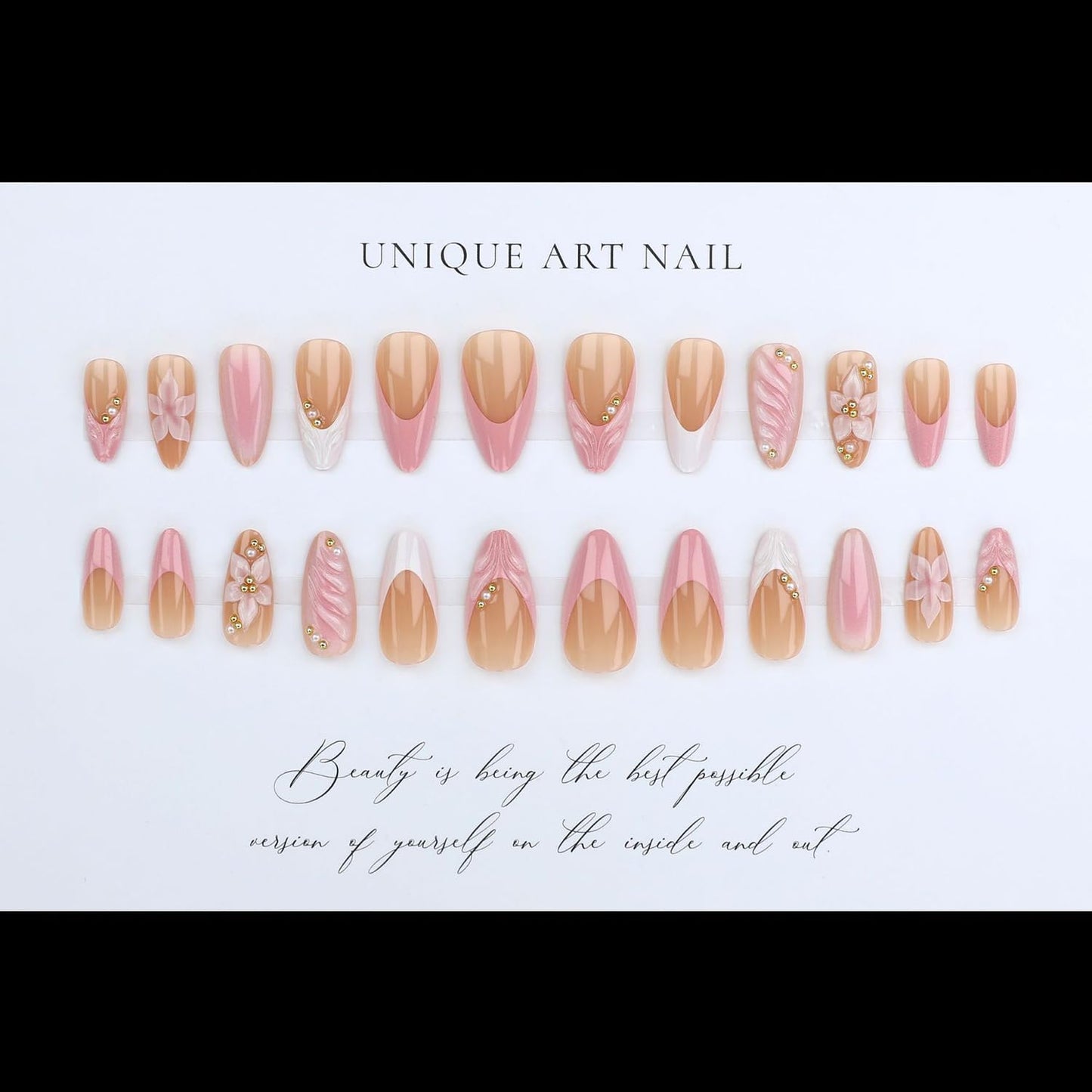 24Pcs French Tip Press On Nails Flower Medium Almond Fake Nails Gold Pearl Accessories Designs Pink Nails Press Ons Glossy Spring Summer Acrylic Nail For Women Manicure 24Pcs
