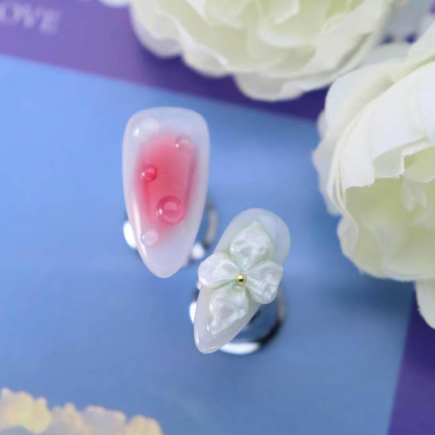 3D Floral Press on Nails Medium Almond Fake Nails Pure Handcrafted Nail Aurora Ombre Nail Press ons with Butterfly Design Stick on Nail for Women Spring Manicure(M)