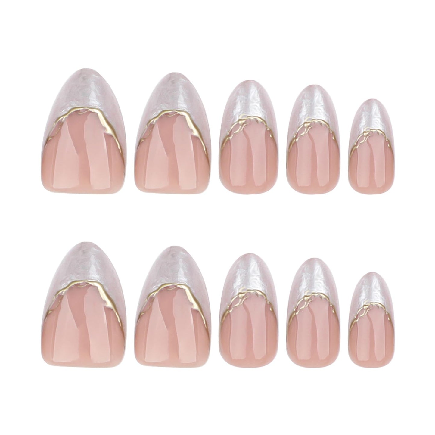 Taoyisent 3D Nude Pink Marble French Press On Nails with Gold Accent, Elegant Almond Shape Fake Nails for Women, Glossy Gradient Design, Easy to Apply, 24Pcs Nail Kit