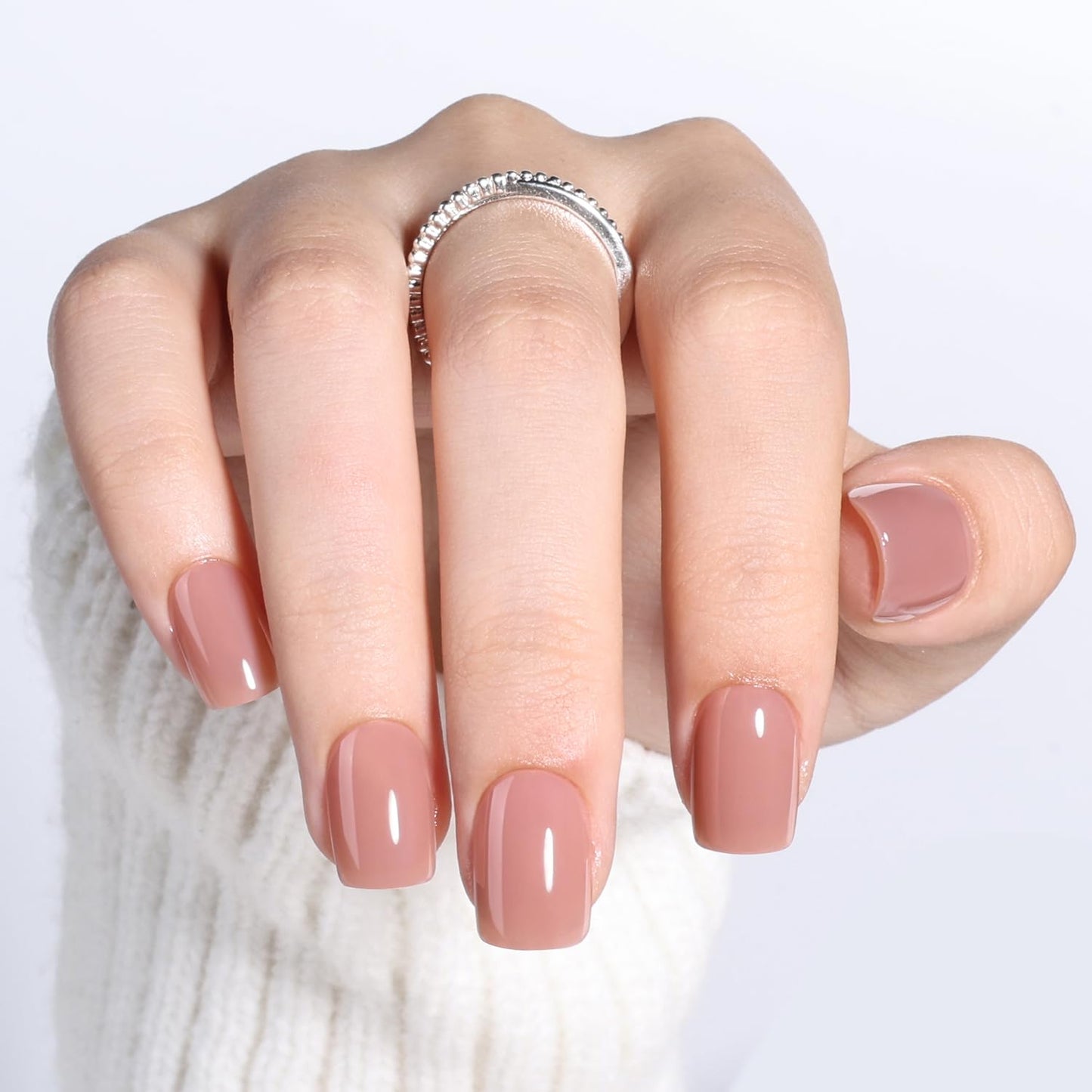 Leefrei Soft Mocha Nude Press on Nails - Short Square Glossy Nails Press ons for Women, Reusable Warm Nude Glue On Nails 30 Pcs 15 Sizes Fake Nails Kit with Glue, Soft Mocha