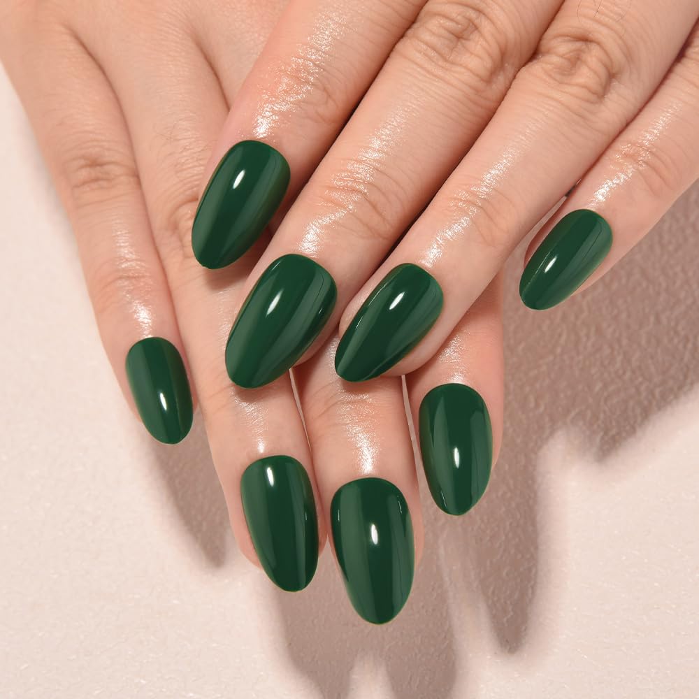 evpct Green Glossy Press on Nails Short Almond, Glossy Green Fake Nails False Nail Pure Color with Kit, Salon Quality Soft Gel Stick on Acrylic False Soft Nails Reusable Full Cover for Women Manicure