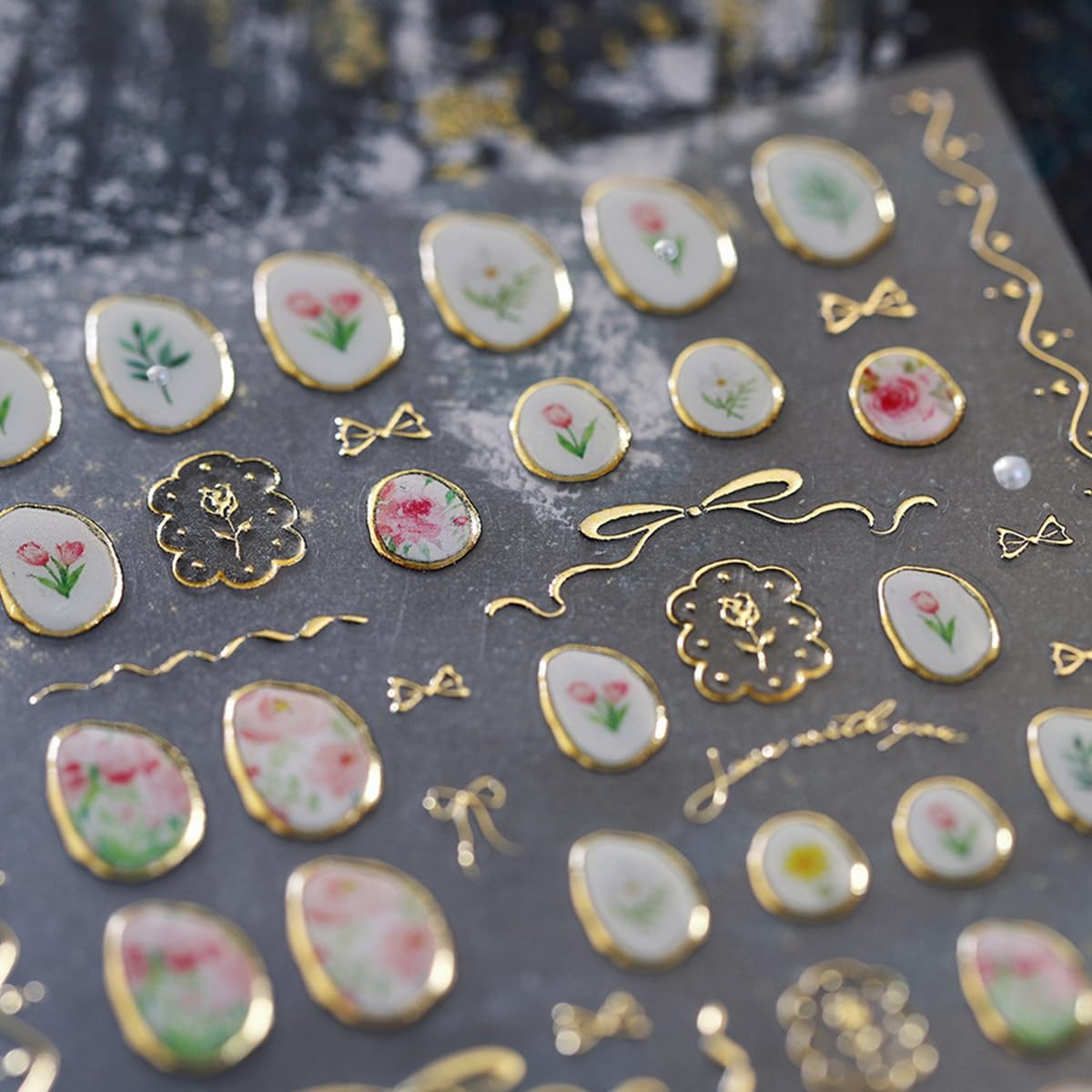 5D Embossed Flower Nail Art Stickers Cute Tulip Irregular Frame Gold Bow Hollow Designs Self Adhesive Nail Decals Bronzing Nail Sticker with Pearl Charms for Women DIY Nails Art Accessories